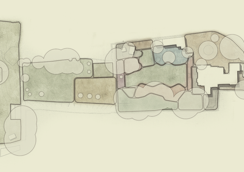 A color-coded landscape design plan with various plant beds, pathways, and features outlined in a light sketch style.