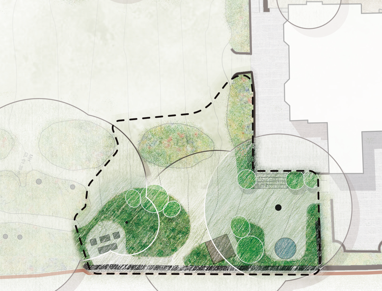 Landscape design plan showing grass areas, trees, shrubs, and pathways surrounding a building, with dotted boundary lines marking property edges.