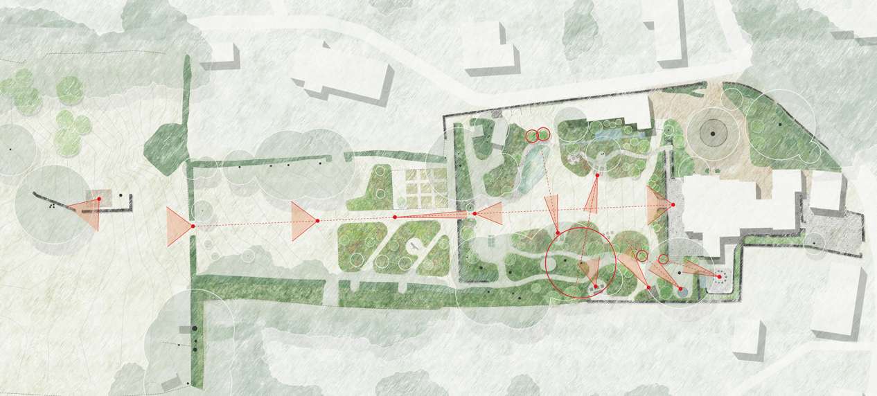 Landscape architecture plan with pathways, trees, and designated zones outlined in green and gray, including circular and rectangular features.