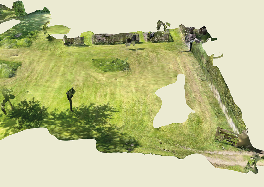 3D map of a grassy backyard with trees, a pond, a stone wall, and a small fenced area.