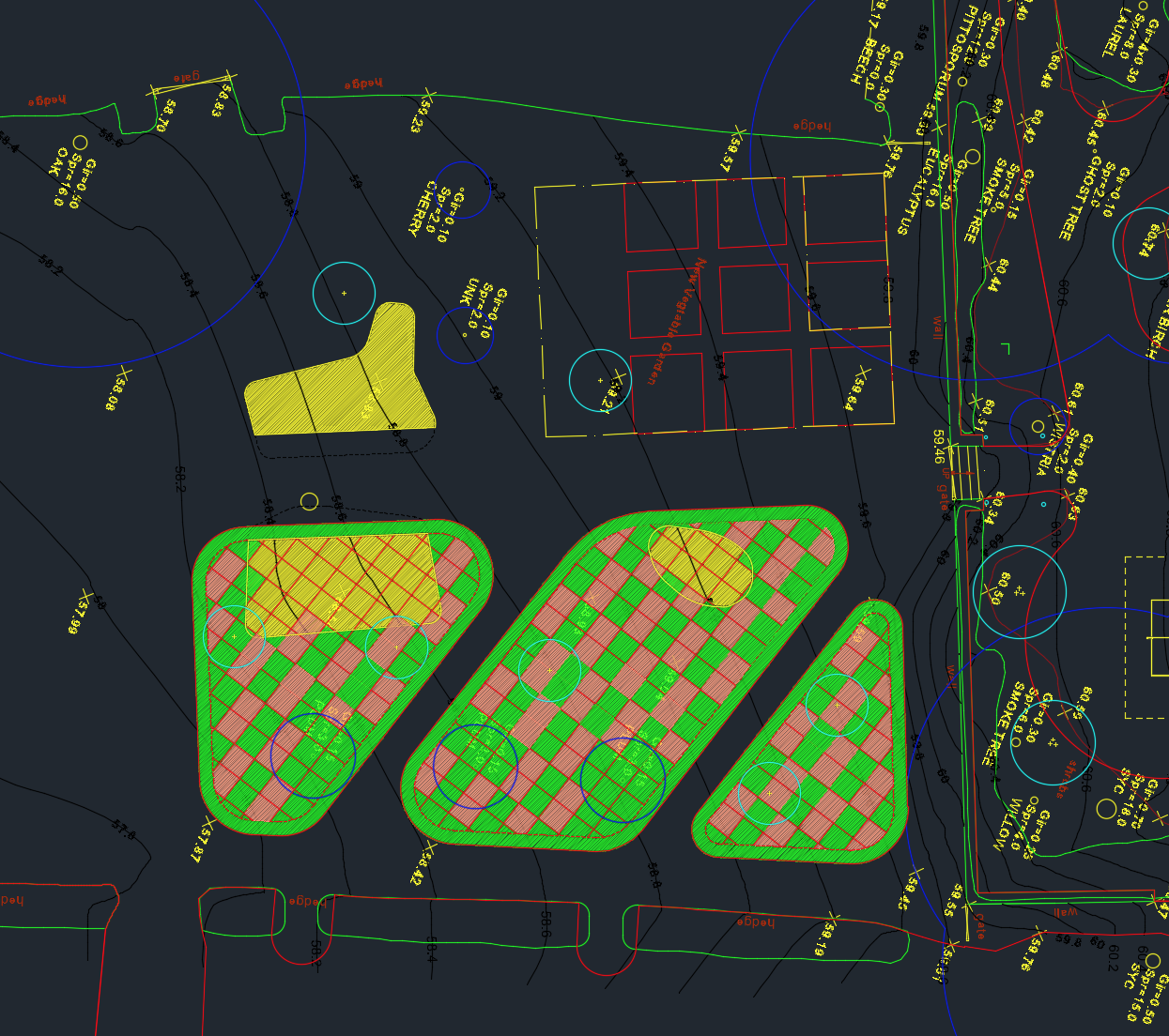 Landscape design plan with garden beds, trees, pathways, and sports courts outlined with symbols, measurements, and labels.
