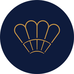 A gold outline of a chef's hat on a dark blue circular background.
