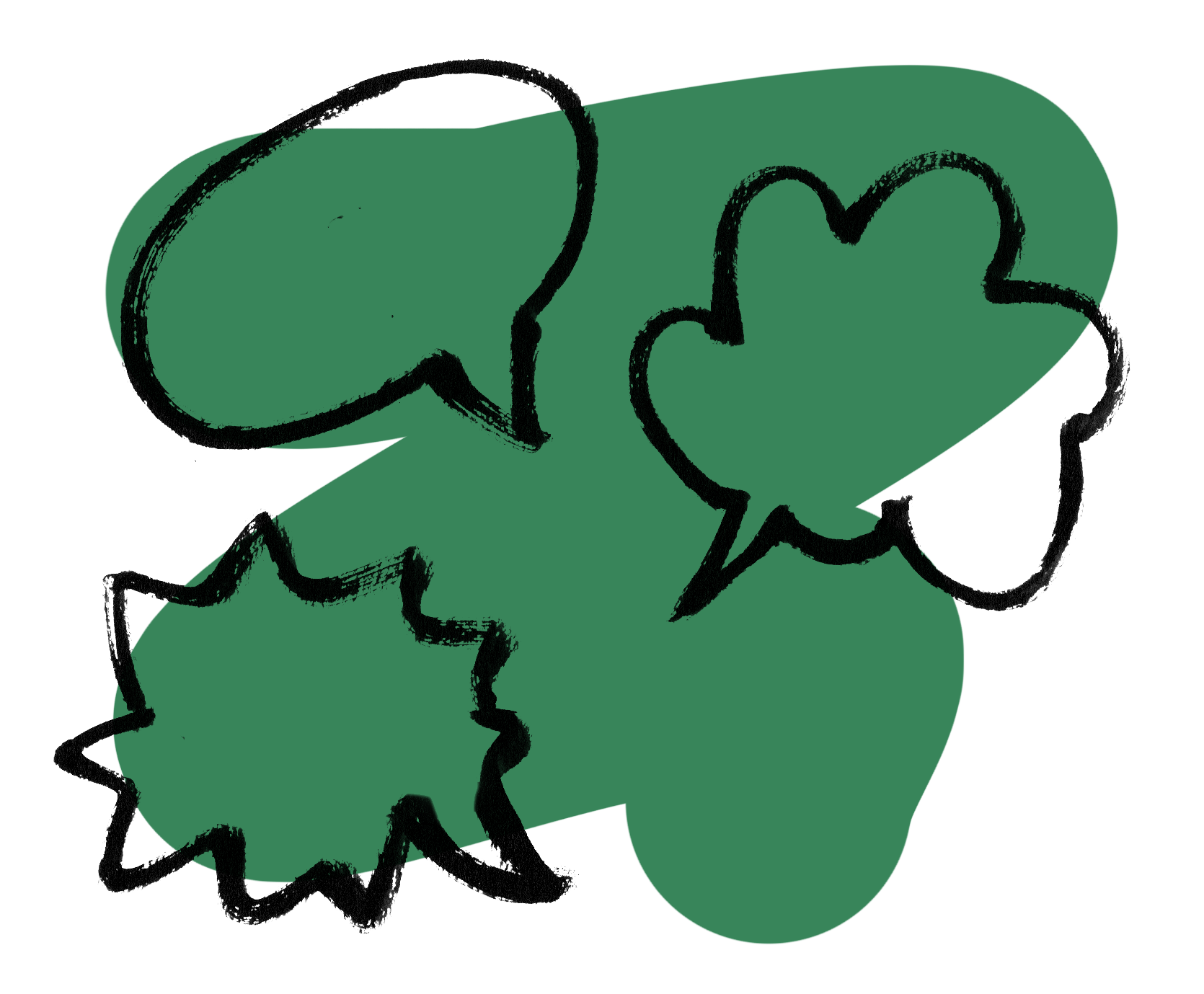 A green speech bubble with a black outline overlapping other green speech bubbles.