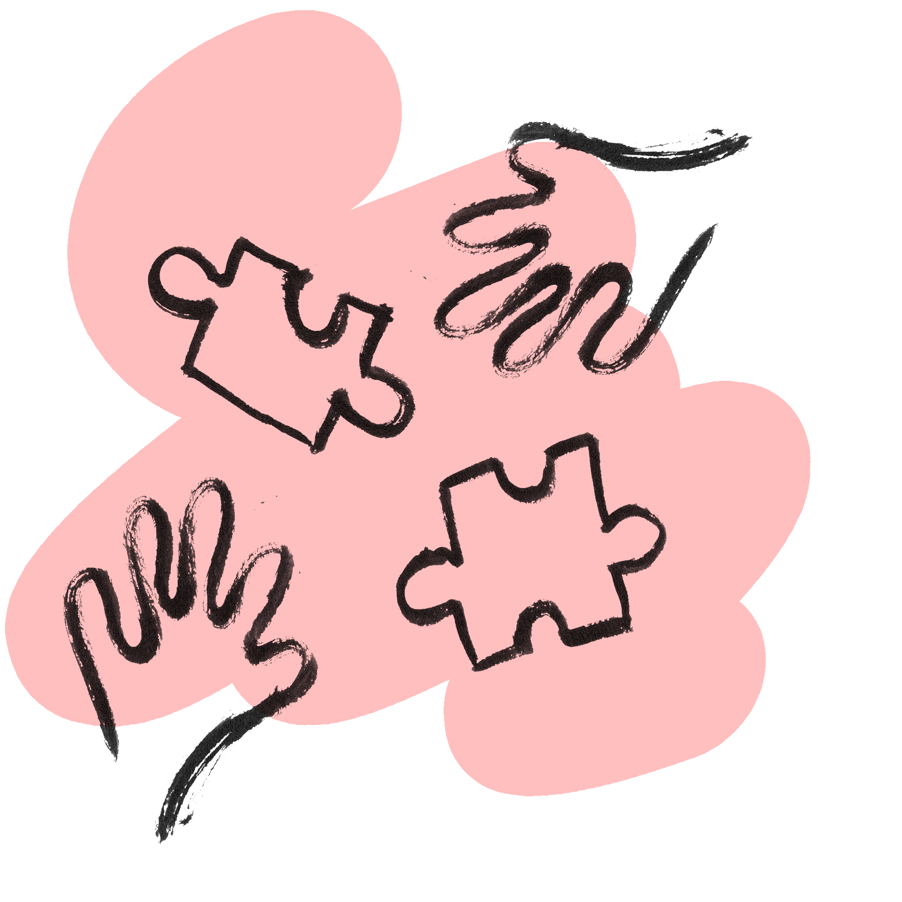 A pink background with black hand-drawn puzzle piece illustrations and handwritten words.