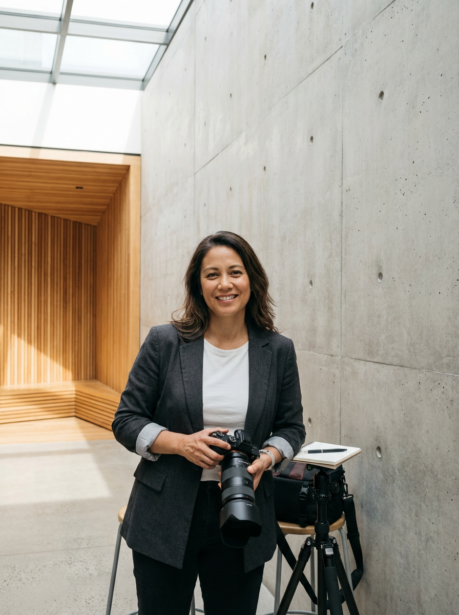 Photographer with camera standing in modern indoor space with concrete wall and wooden accent.
