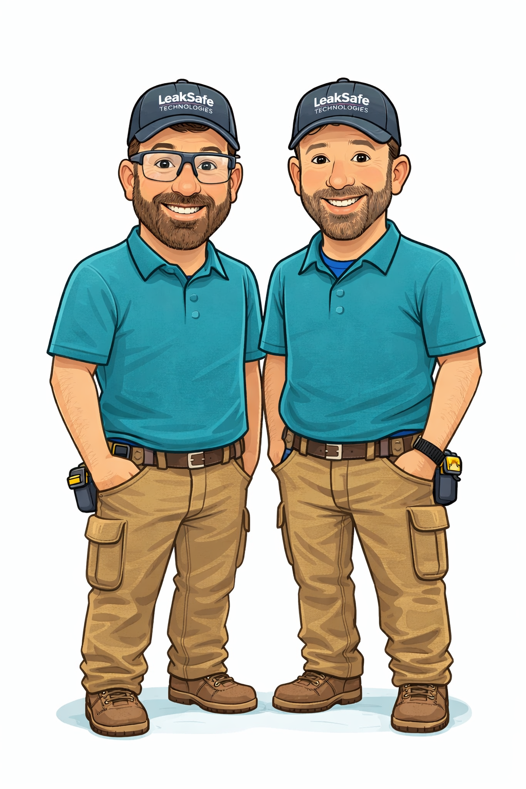 Two men in teal polo shirts and khaki cargo pants standing side by side wearing matching dark blue caps that say "LeakSafe Technologies," smiling confidently.