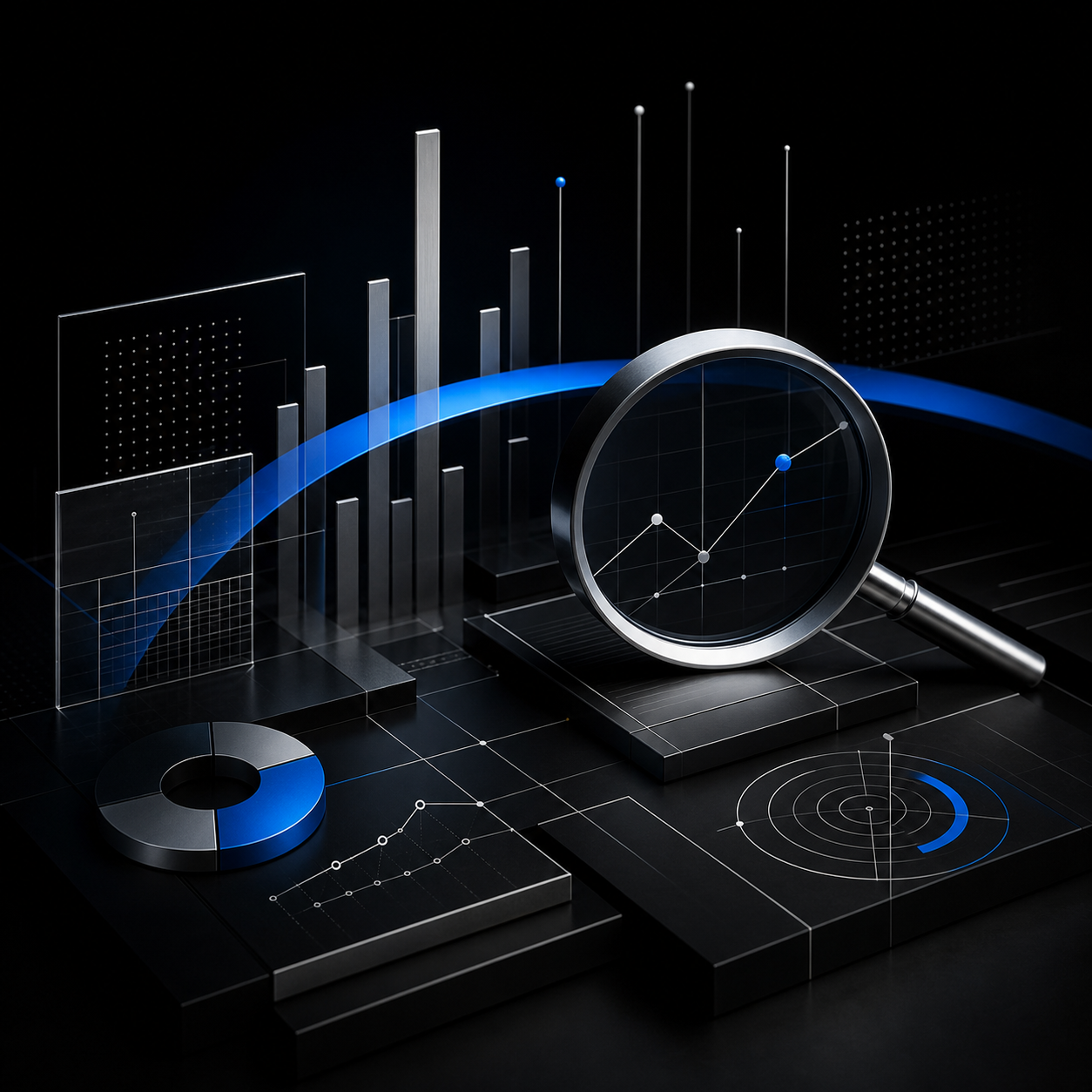 Futuristic digital analytics and data visualization with graphs, charts, and a magnifying glass on a dark background