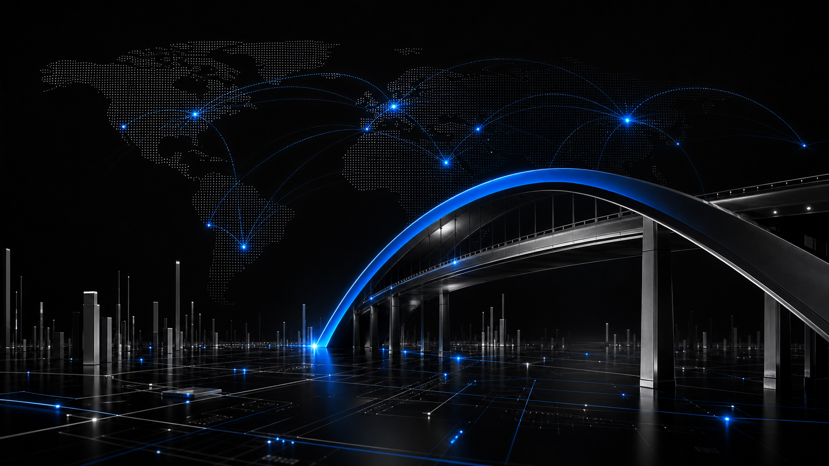 Futuristic digital cityscape with illuminated bridge, glowing city lights, and a digital world map with connecting lines and glowing points in the background.