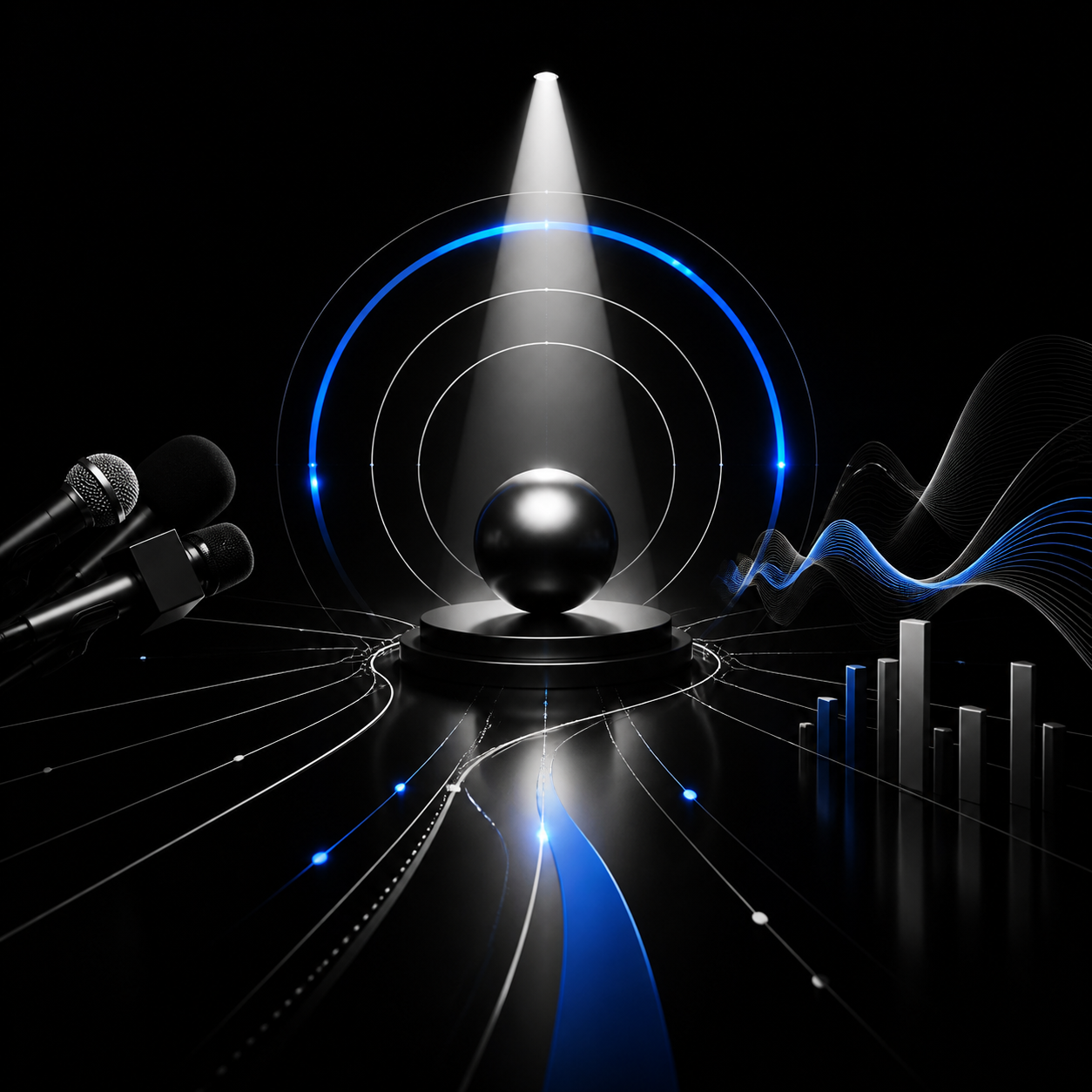 Futuristic digital image with a black sphere on a platform in the center, surrounded by radar-like concentric circles, lines, and graphs illuminated in blue and white, with microphones on the left side and abstract waveforms on the right.