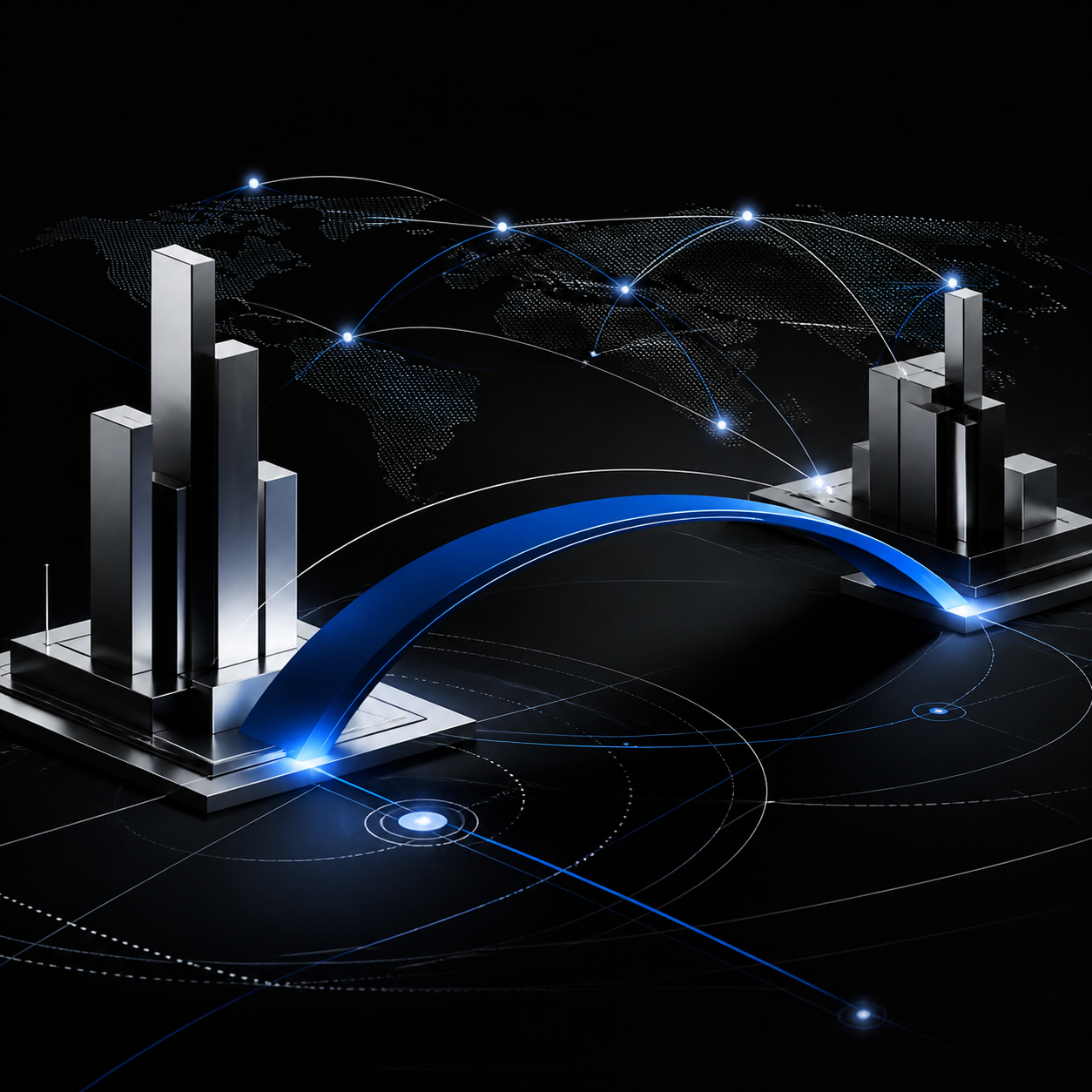 Futuristic digital bar chart with a blue curved arrow, connected to a world map and glowing data points, representing global data analysis and network connectivity.