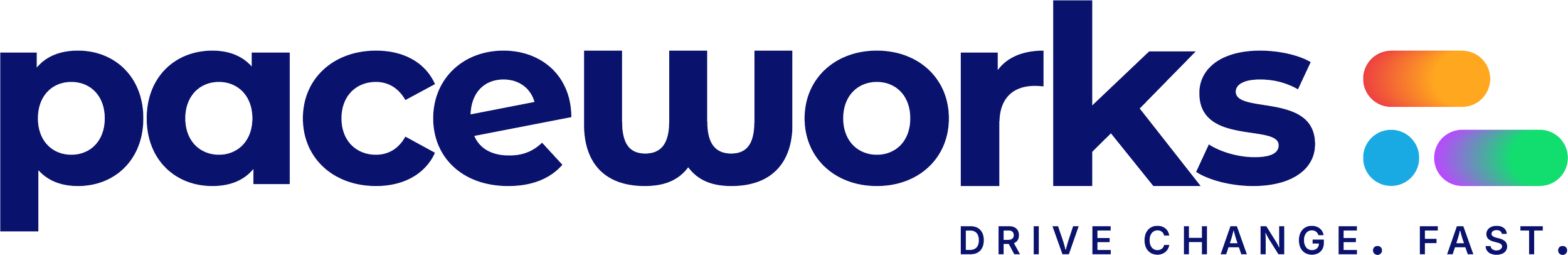 Logo for Paceworks with text below it reading "DRIVE CHANGE. FAST." followed by a stylised logomark of dots and dashes in gradient orange, blue and purple to green.