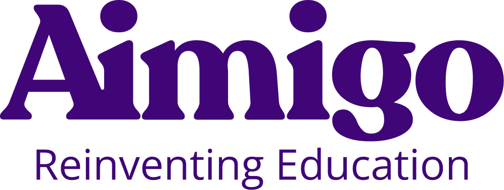 The Aimigo logo in dark purple with the words 'Reinventing Education' below it.