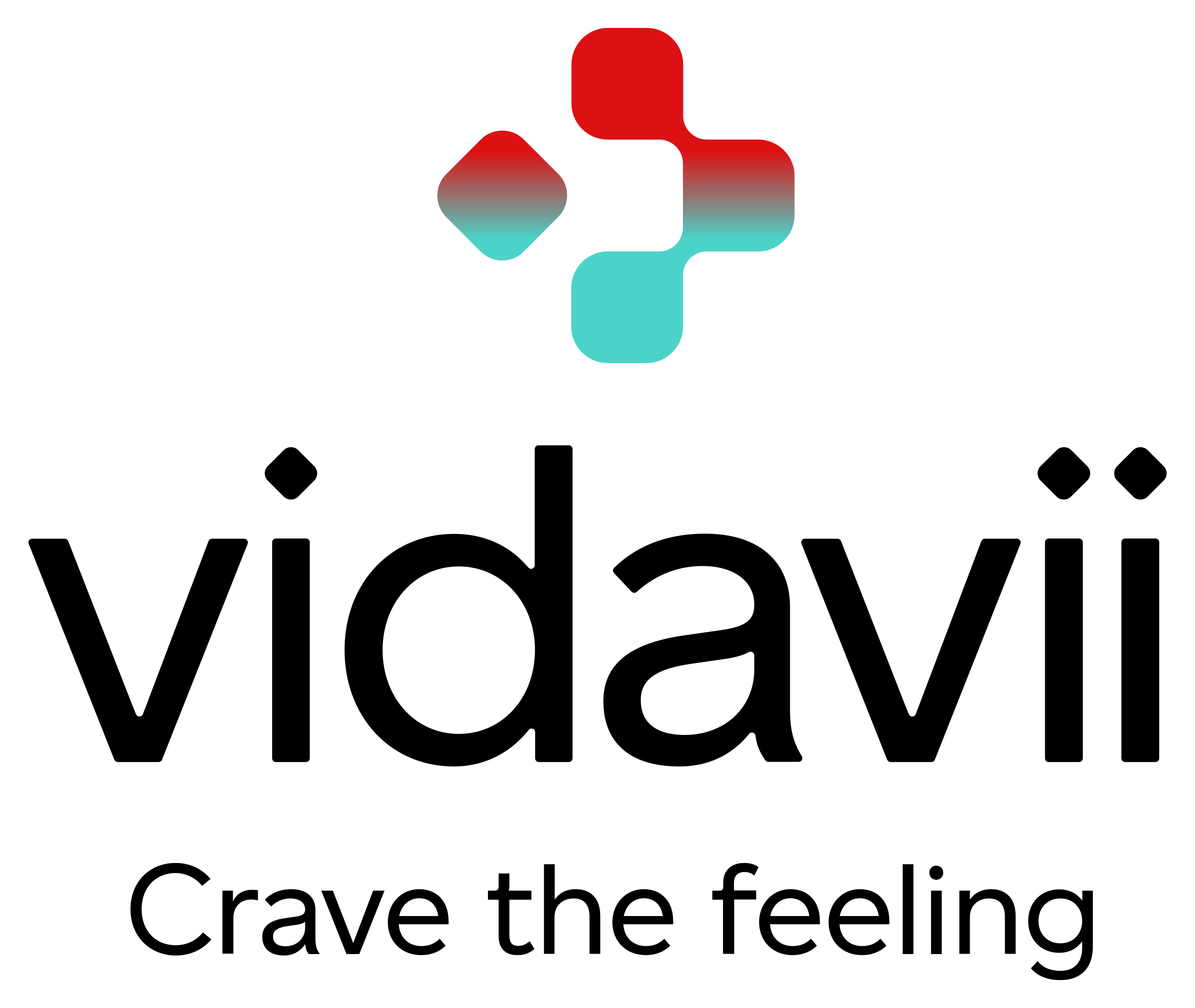 Black background with a logo of a stylized cross made of four rounded, interconnected shapes in red and cyan, with a gradient effect in the center sitting above the Vidavii logo with the word 'Vidavii' in black and the words 'Crave the feeling'.