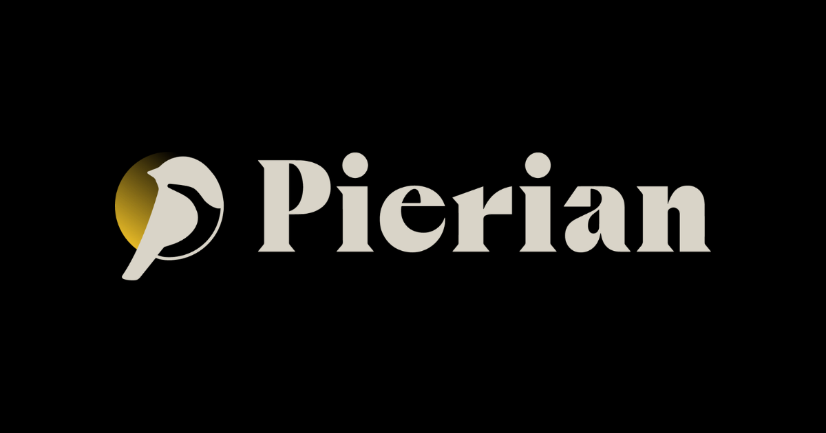 Logo with a stylized bird and the word 'Pierian' in gray letters on a black background.
