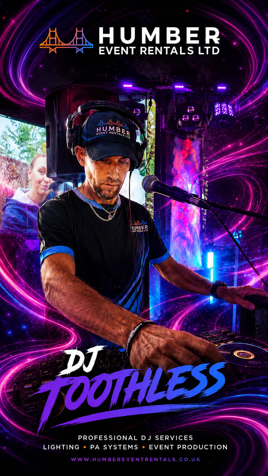 A DJ wearing a black Humber Event Rentals Ltd cap and shirt, mixing music equipment with vibrant neon purple and blue lights in the background, promoting DJ Toothless services at an event.