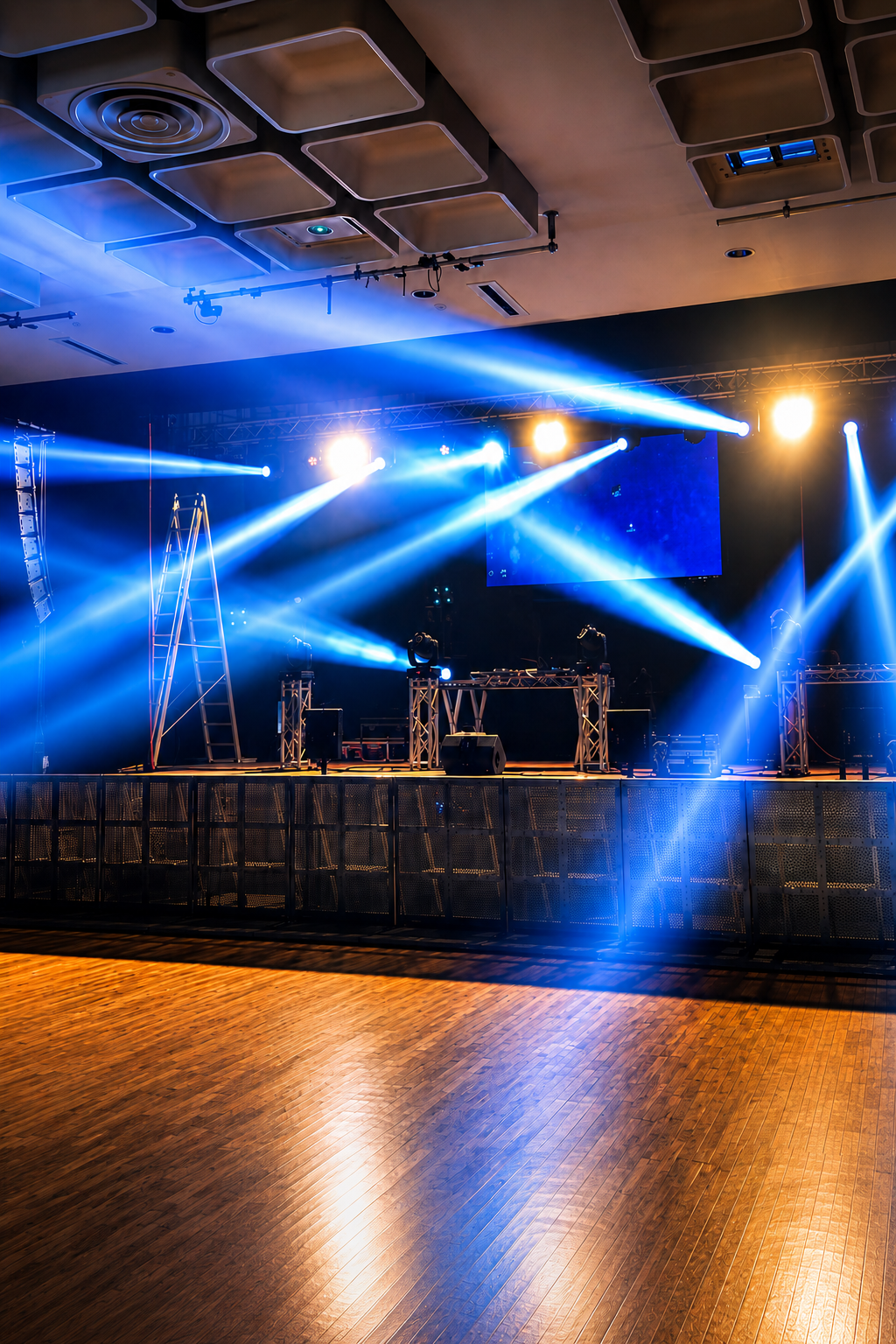 Empty stage with bright blue and white stage lights, DJ equipment, scaffolding, and a ladder in a dimly lit venue with a wooden floor.