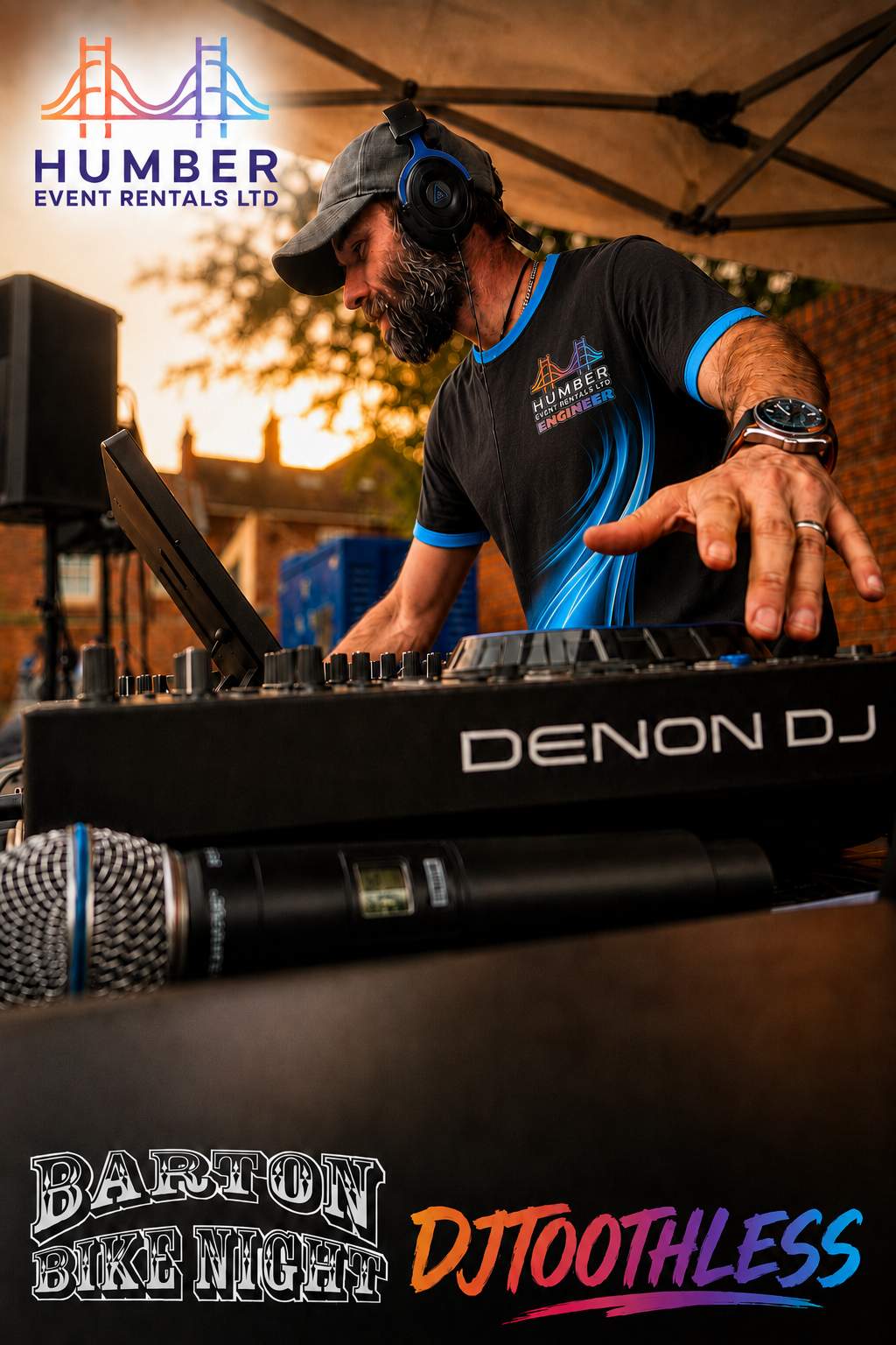 A DJ is performing at Barton Bike Night, wearing headphones and a black shirt with blue accents, outdoors under a canopy with a sunset in the background.