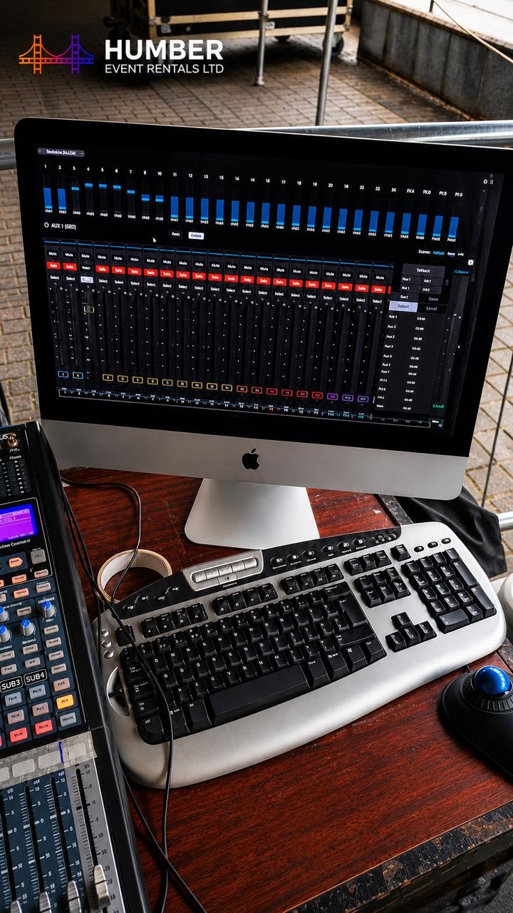 An Apple iMac computer on a wooden desk displaying a digital audio workstation software with multiple audio tracks and mixing controls. Next to it is a professional audio mixing console with various buttons and sliders, and a control surface with a b