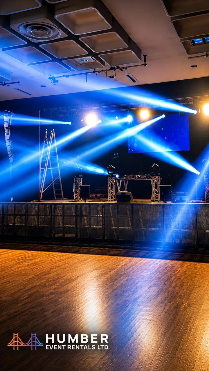 Empty stage with blue and yellow stage lights, DJ equipment, ladder, and large LED screen in the background at Humber Event Rentals LTD.
