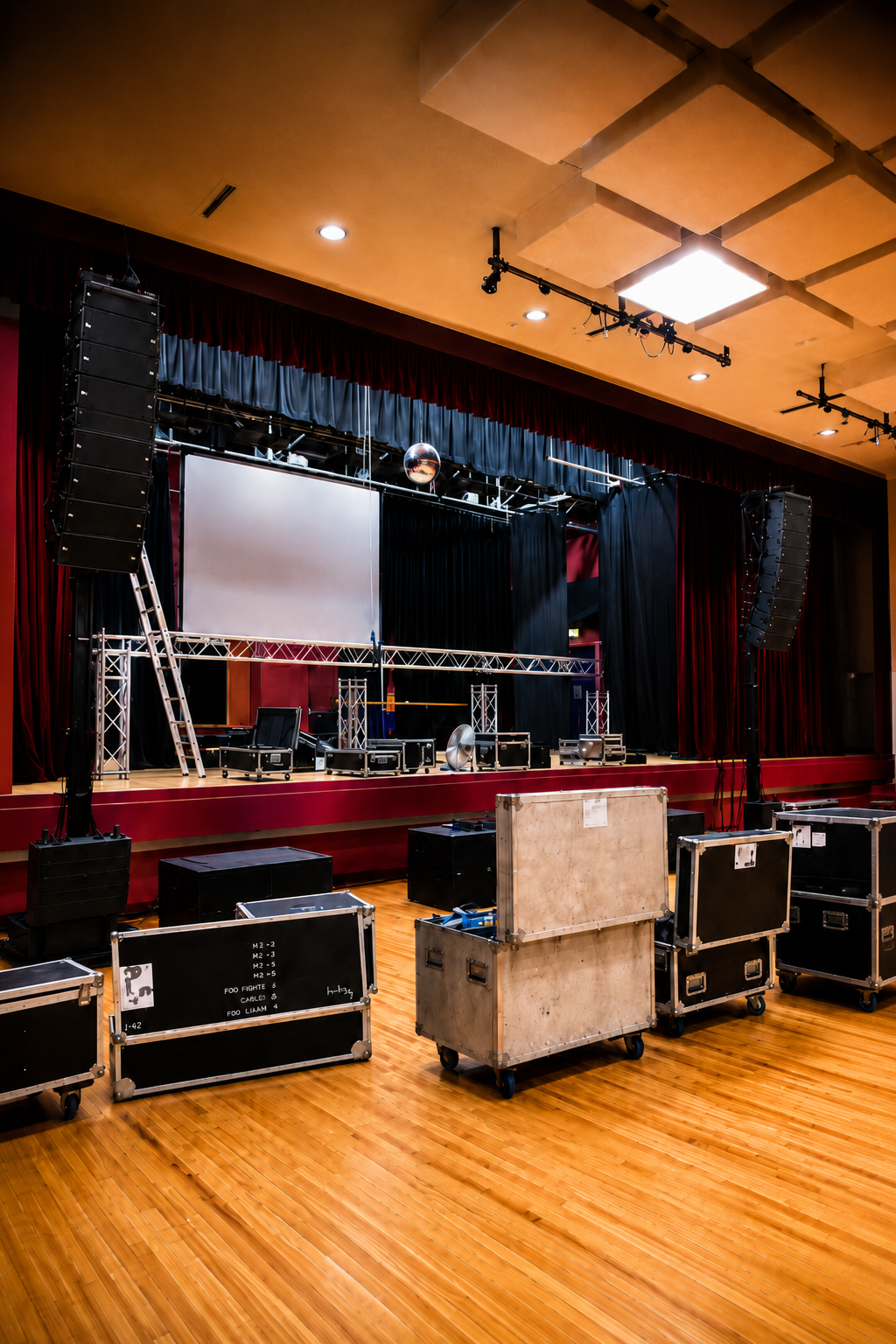 Stage setup with black speakers on stands, a large screen, stage lighting, and various equipment cases on a wooden floor in an auditorium.