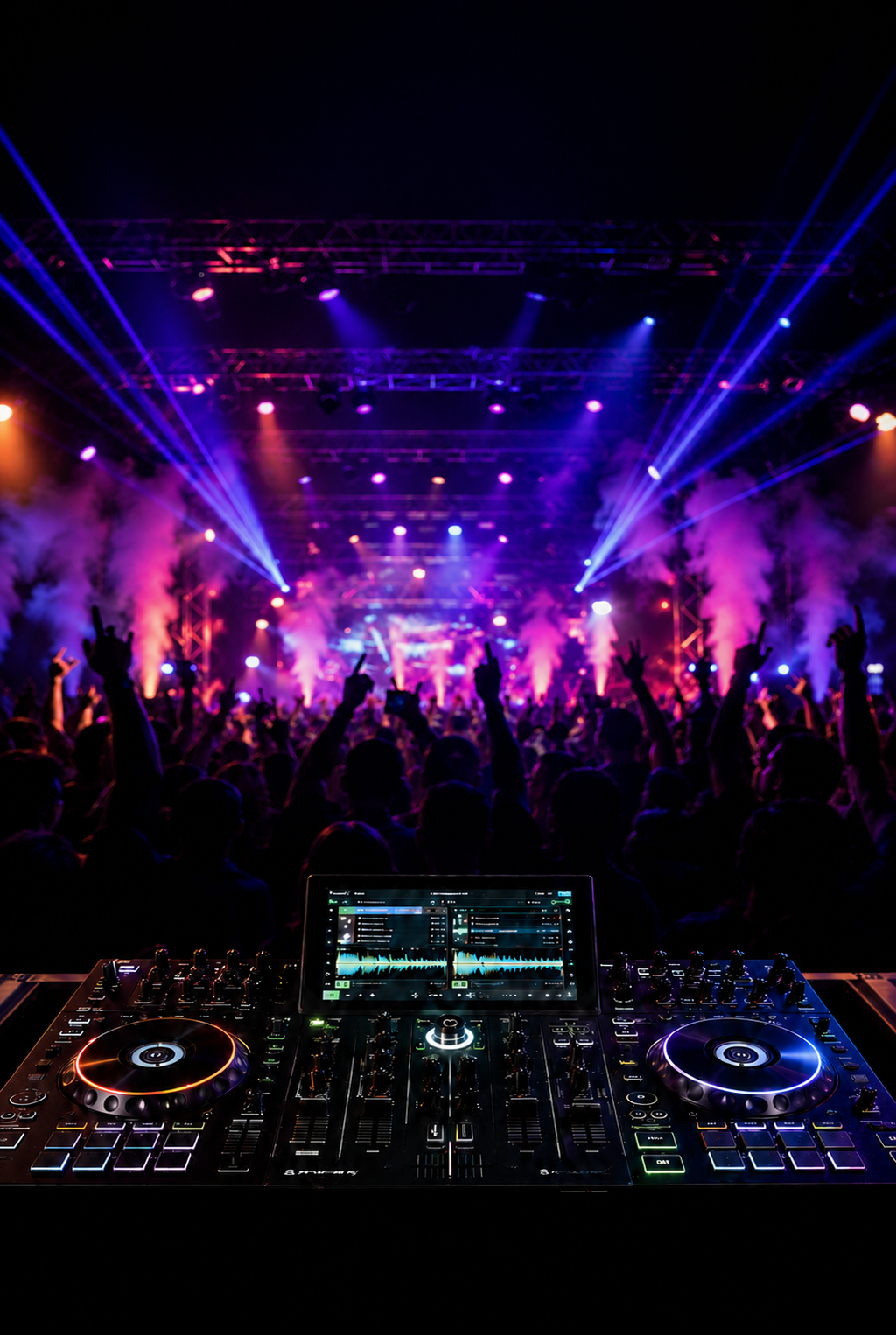 DJ equipment set up in front of a crowd at a concert or music festival, with colorful stage lights and smoke effects.