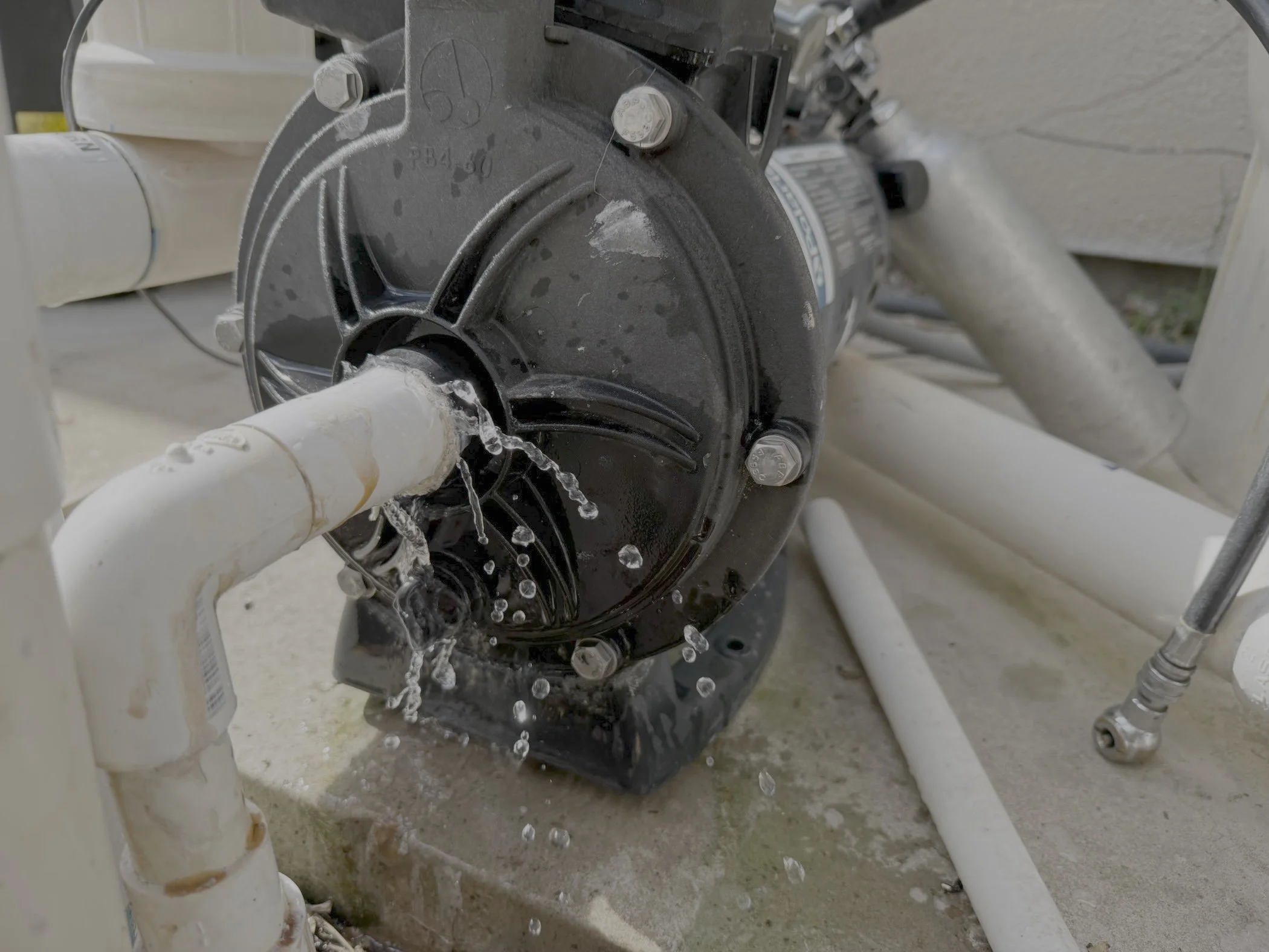 Water leaking from a black pipe fitting connected to white PVC pipes in a plumbing system.