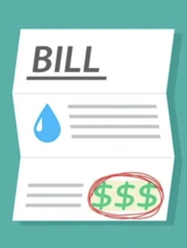 Illustration of a bill with a blue water droplet, lines indicating text, and a red circle around three green dollar signs.