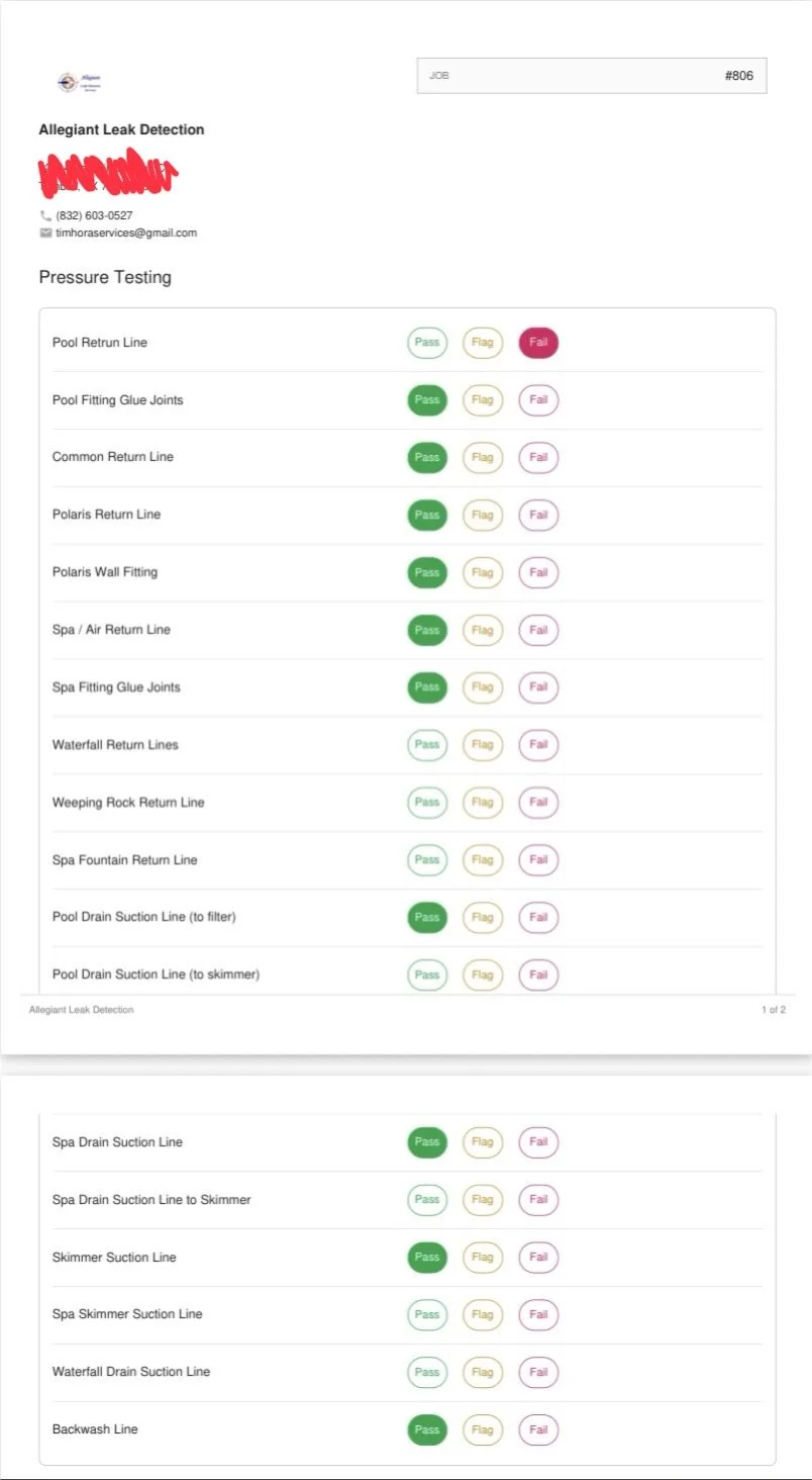 A report detailing leak detection pressure tests for various pool and spa lines, showing pass and fail results with color-coded indicators, contact information, and a job number.