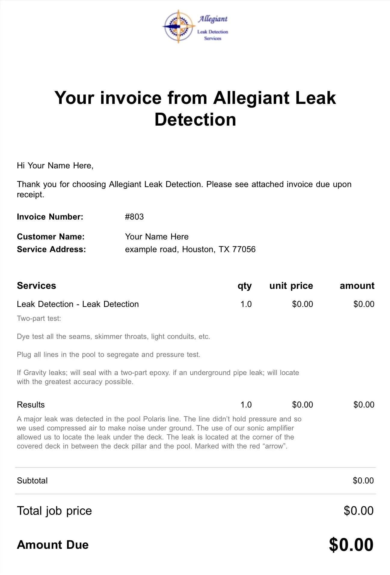 Invoice from Allegiant Leak Detection Services with details of leak detection service, results, and costs, including a major leak on the Polaris line.