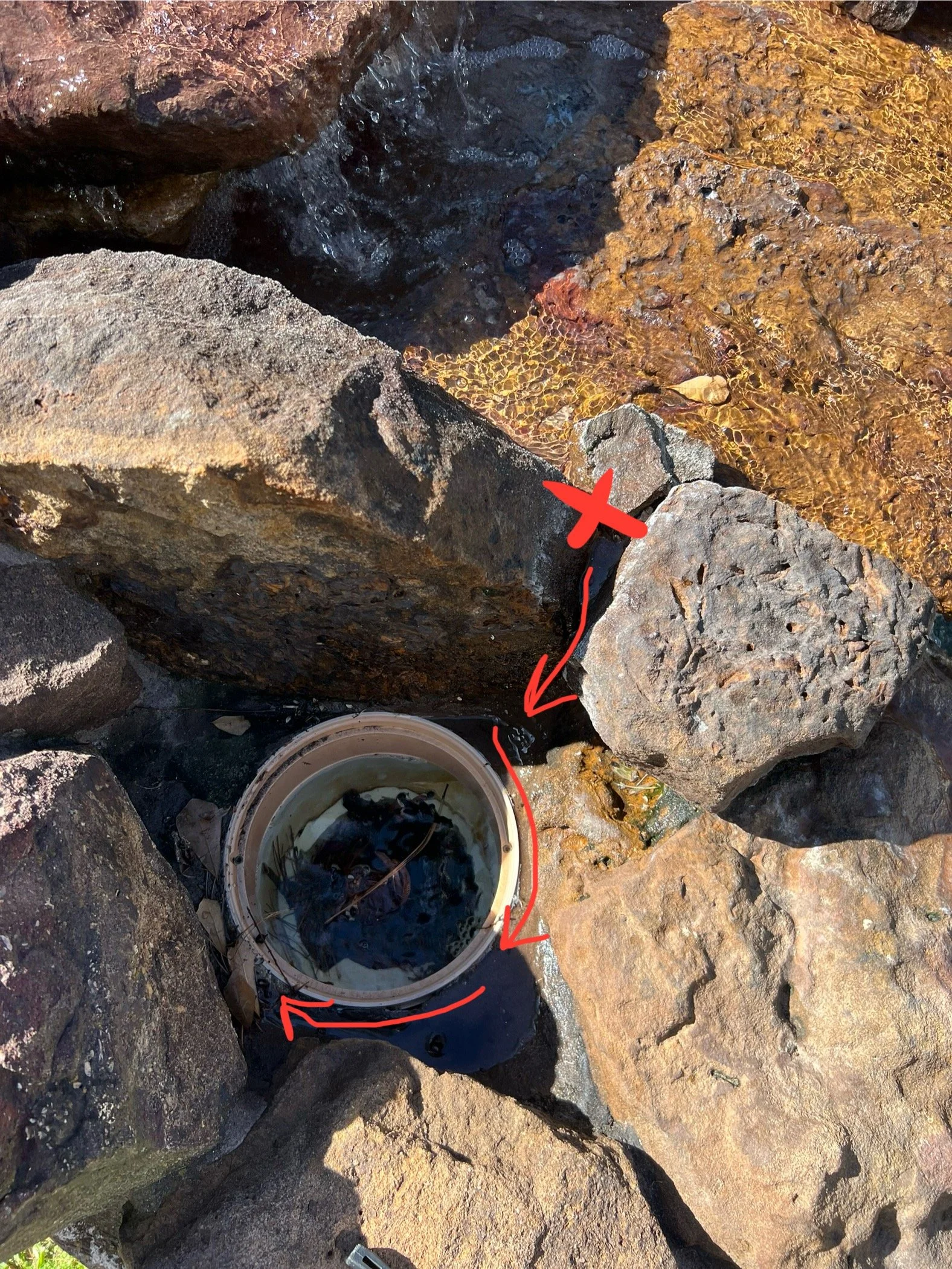 A small, rocky pool of water with a white bucket filled with water and debris, marked with red arrows and a cross drawn on the rocks surrounding it.