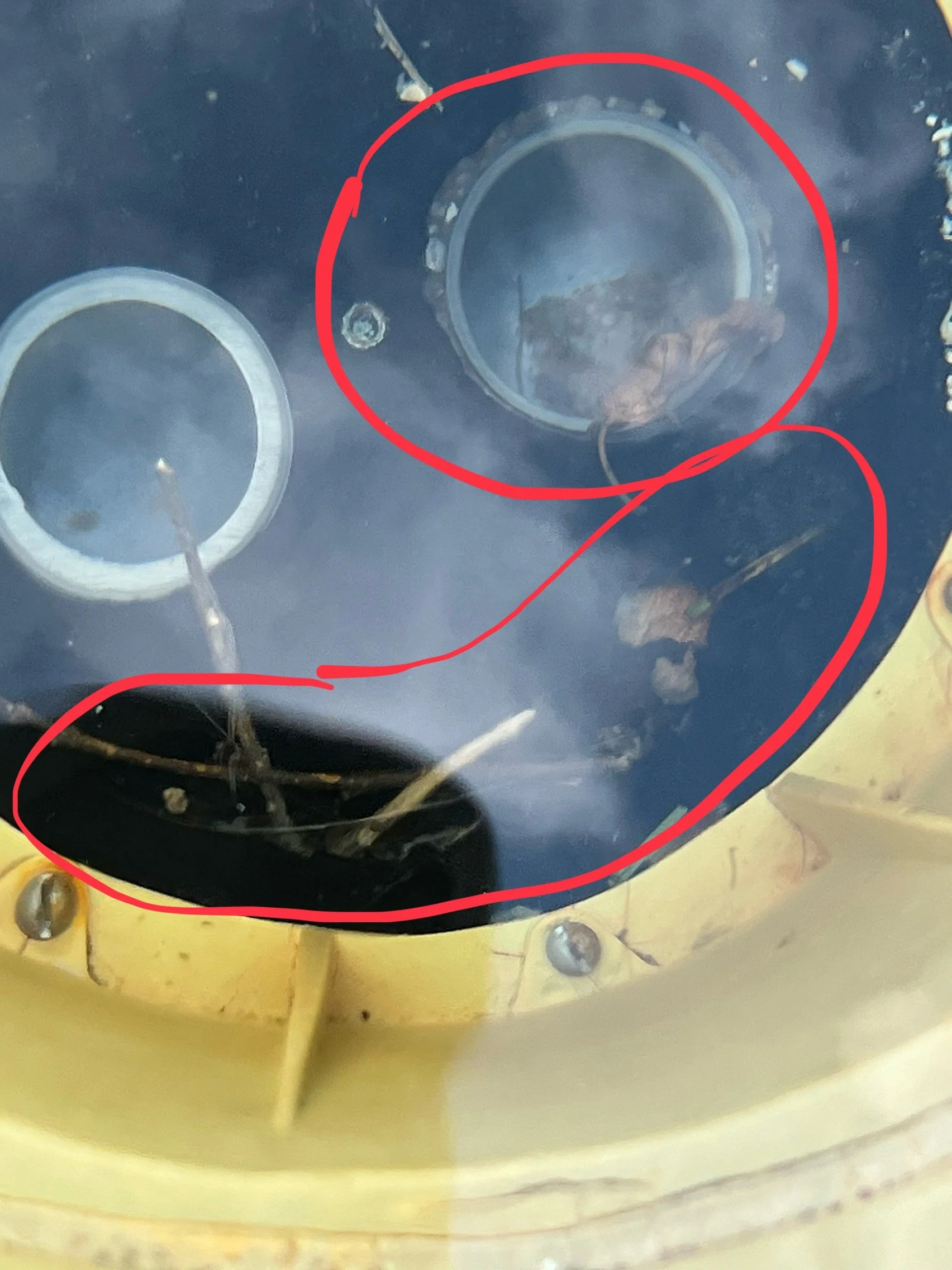 Close-up view of a mechanical or electronic device with a yellow exterior. There are circular components, possibly lenses or sensors, with some wires and small debris nearby.