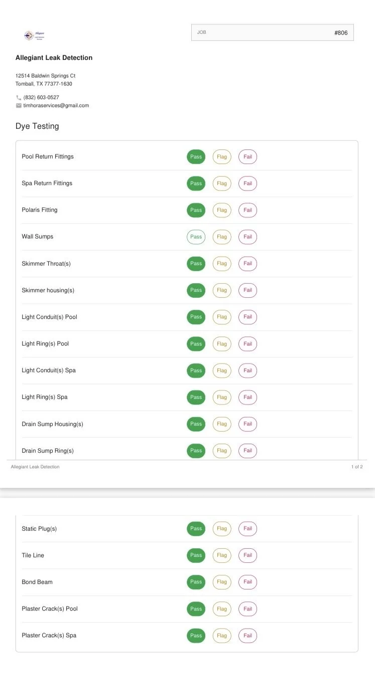 Leak detection report showing the results of dye testing for various pool and spa components at Allegiant Leak Detection, with all components passing the tests.