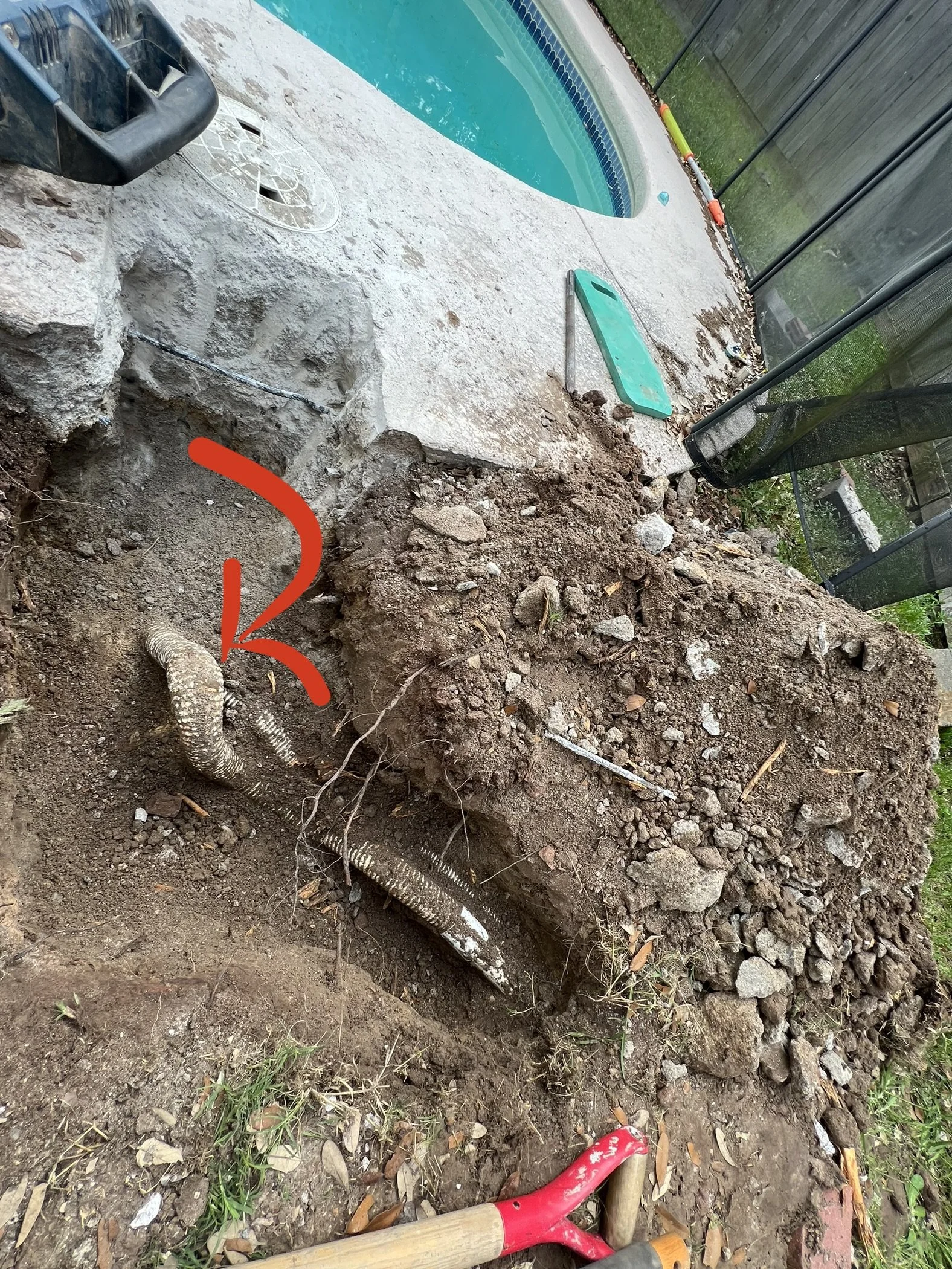 In-ground backyard pool with partially removed concrete surface. Construction tools including a hoe and a shovel are visible, along with exposed underground piping.
