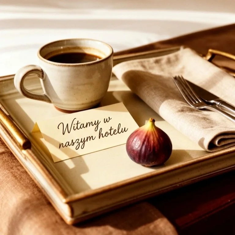 A tray with a coffee cup, a napkin with cutlery, a fig, and a note that says "Witamy w naszym hotelu" in Polish, which translates to "Welcome to our hotel."