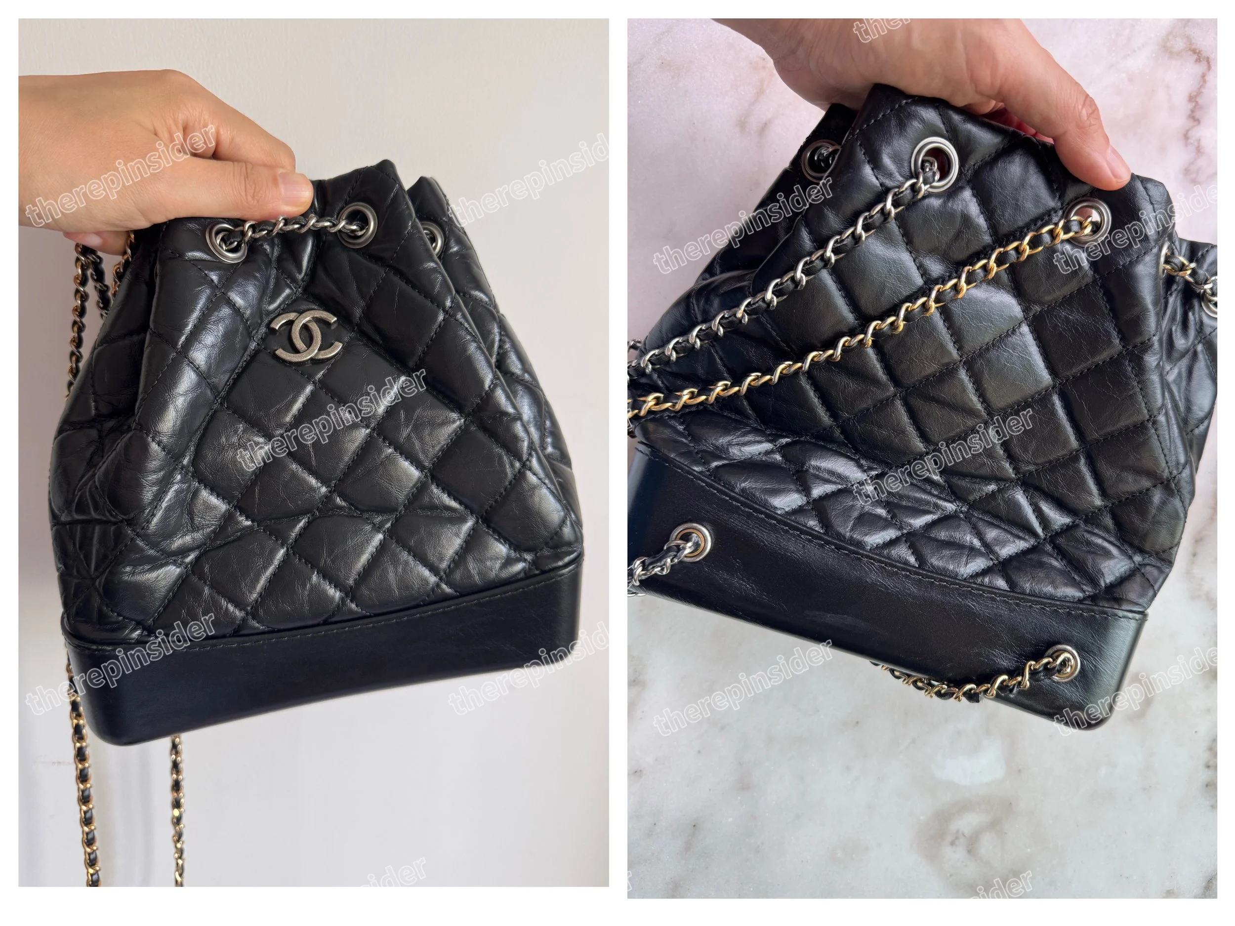 Close-up of a Chanel Gabrielle backpack replica showcasing high-quality aged calfskin and intricate hardware details from a private blogger-custom collection.