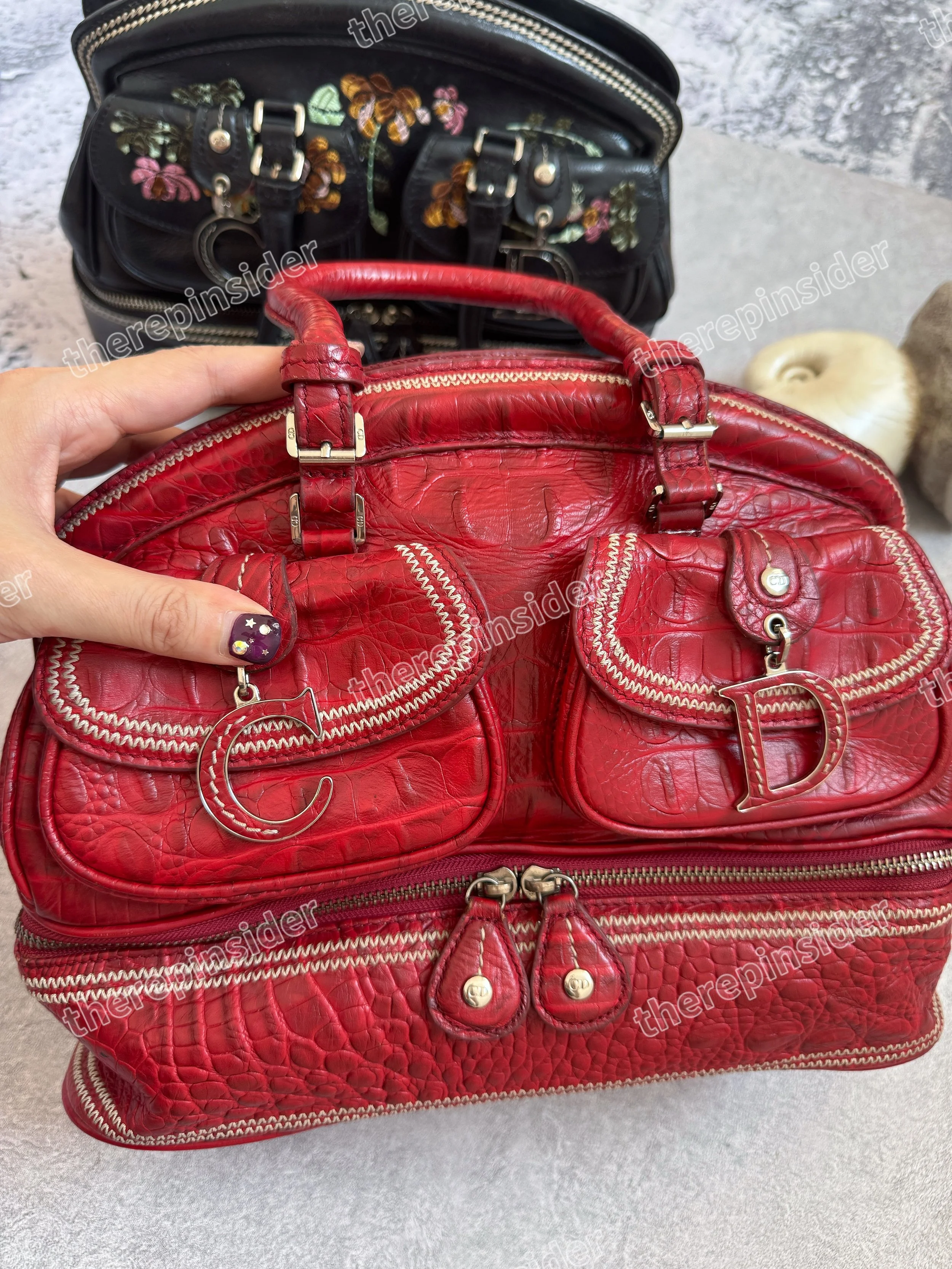Rare vintage Dior red crocodile embossed leather bowling bag with silver CD charms and white contrast