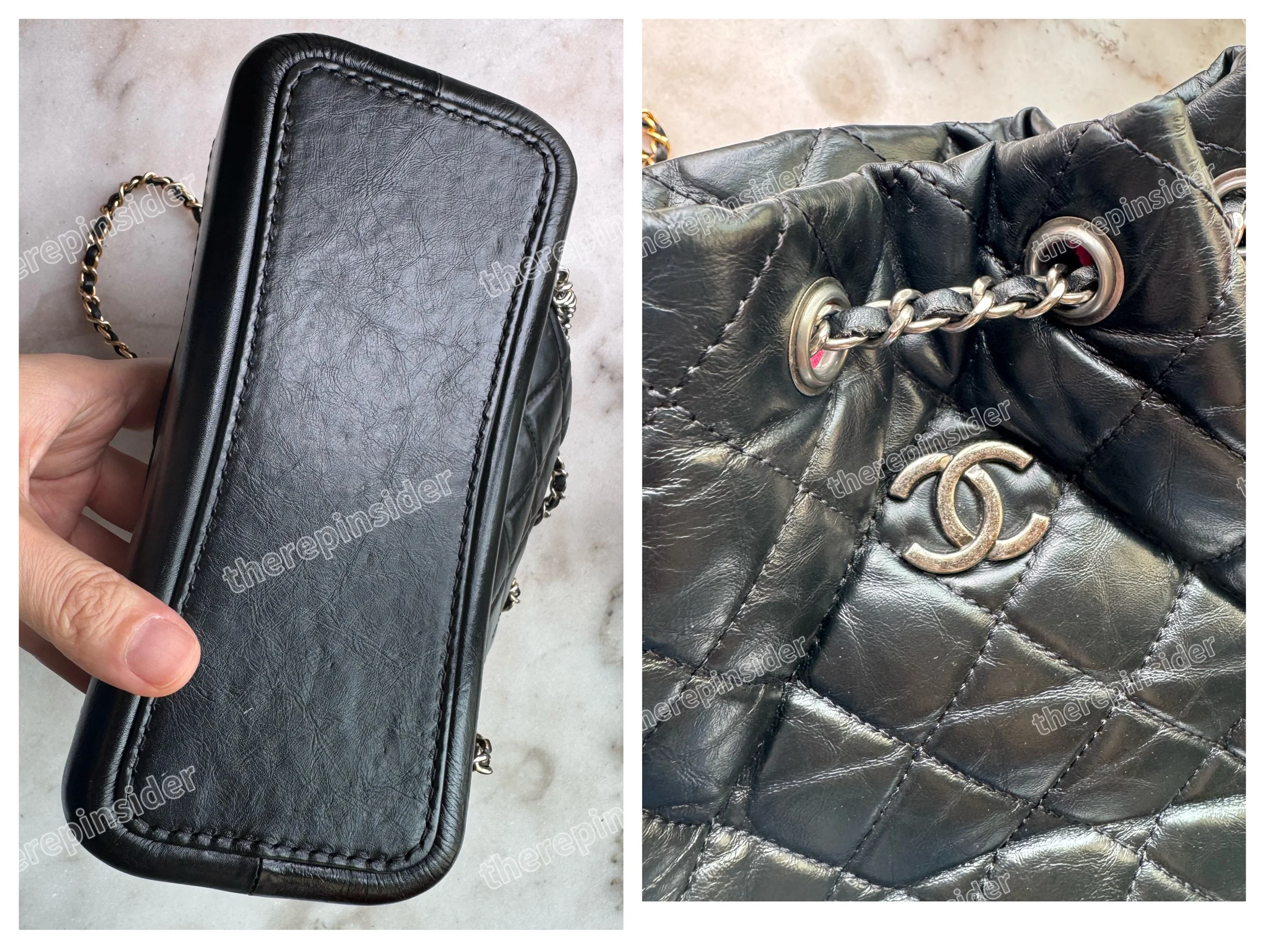 Close-up details of the reinforced leather base and iconic interlocking CC metal hardware on a high-end Chanel Gabrielle backpack replica, highlighting authentic-grade craftsmanship.