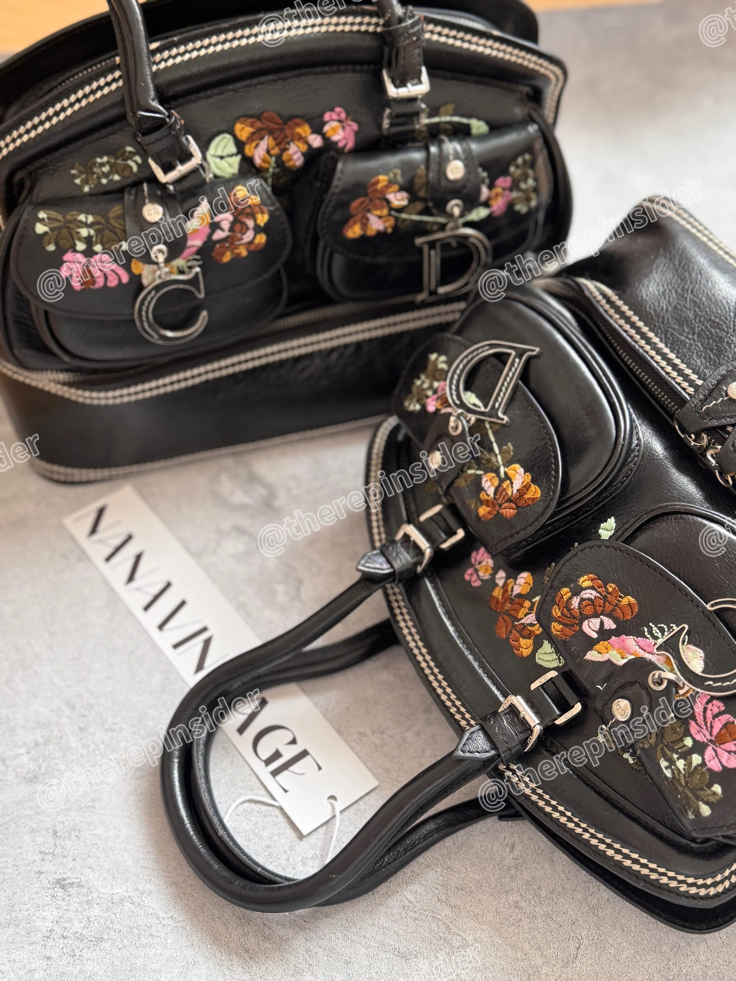 Vintage Dior black embroidered leather shoulder bag featuring floral embroidery and silver C D hardware from the John Galliano era archives⁠