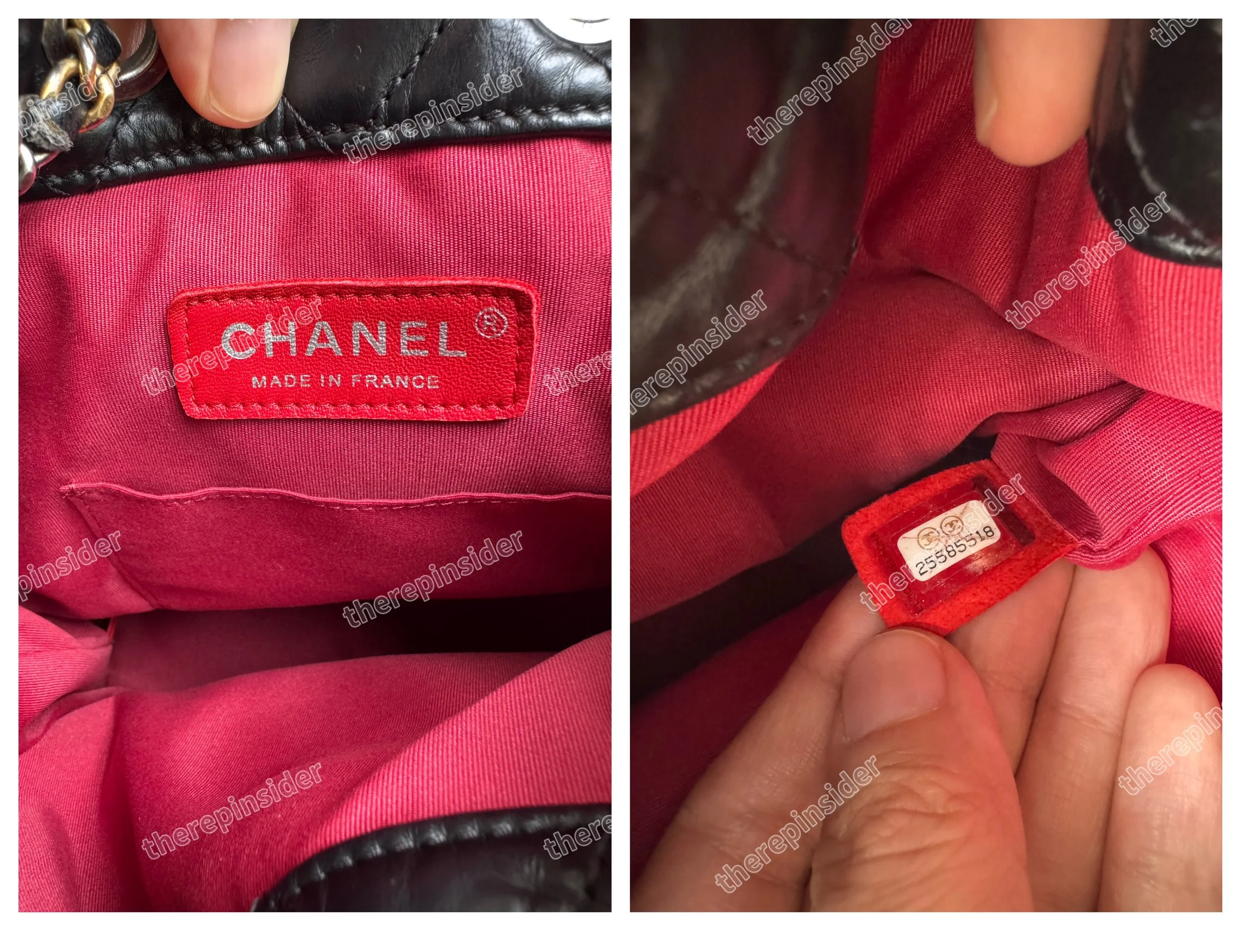 Close-up of the interior CHANEL logo tag and the 25-series serial sticker, showcasing top-tier replica craftsmanship that is virtually indistinguishable from authentic standards.