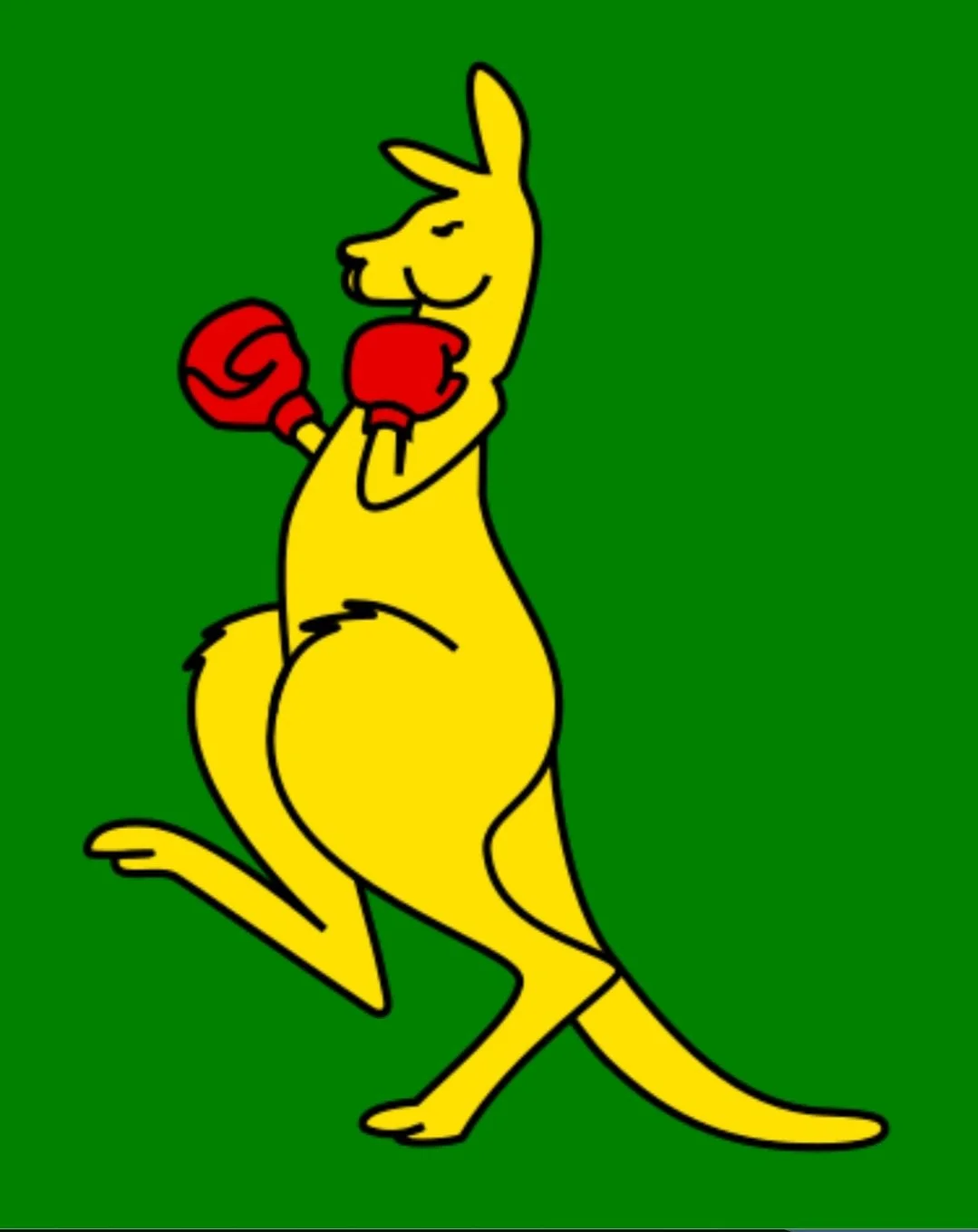 Cartoon yellow kangaroo with red boxing gloves on a green background.