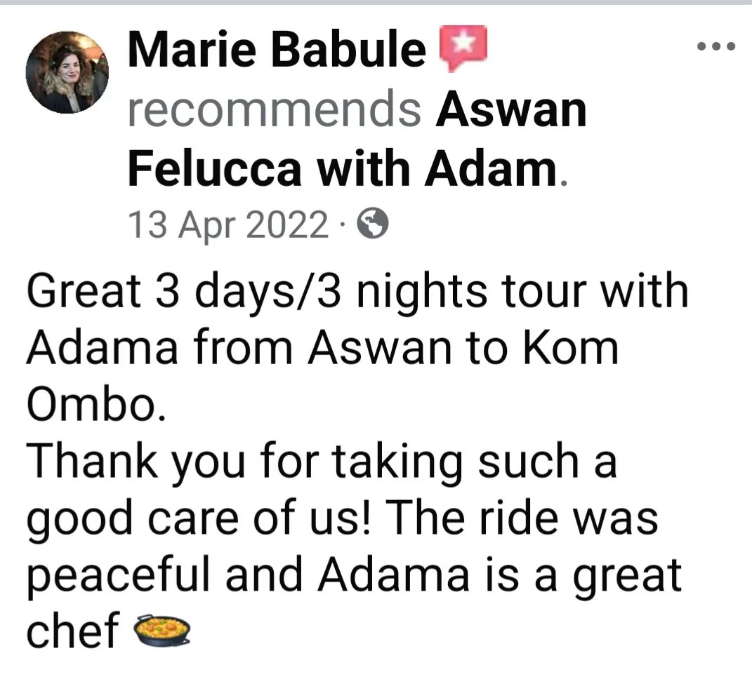 Screenshot of a Facebook recommendation post by Marie Babule, recommending Aswan Felucca with Adam, describing a 3-day/two-night tour from Aswan to Kom Ombo, praising Adam's care and stating the ride was peaceful, with an emoji of a chef's hat at the end.