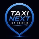 Logo für Taxi Next Bregenz, zeigt einen blauen Standortpin mit dem Text 'Taxi Next Bregenz'