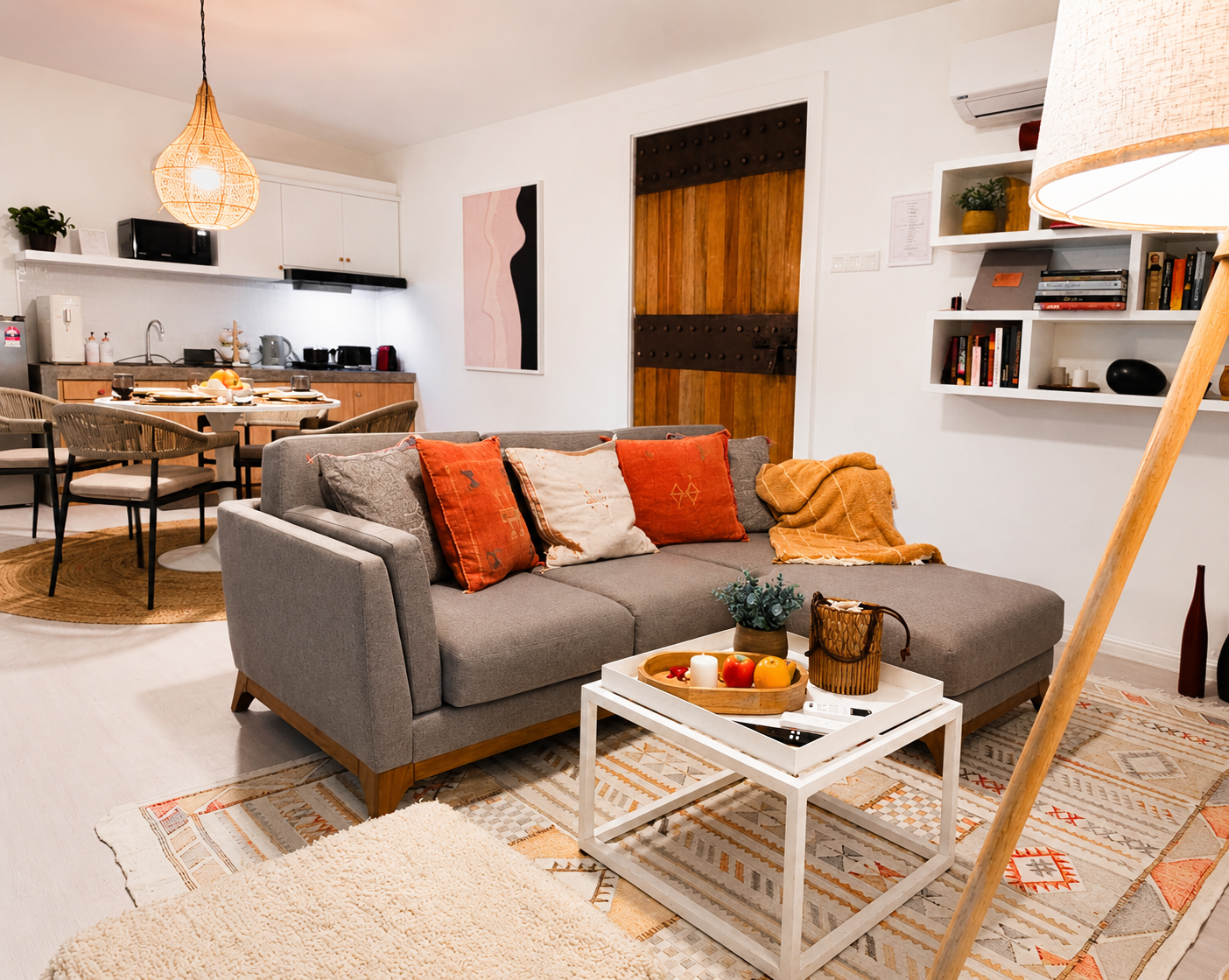 Open-plan living and dining — warm interiors, handcrafted details and the iconic studded timber door