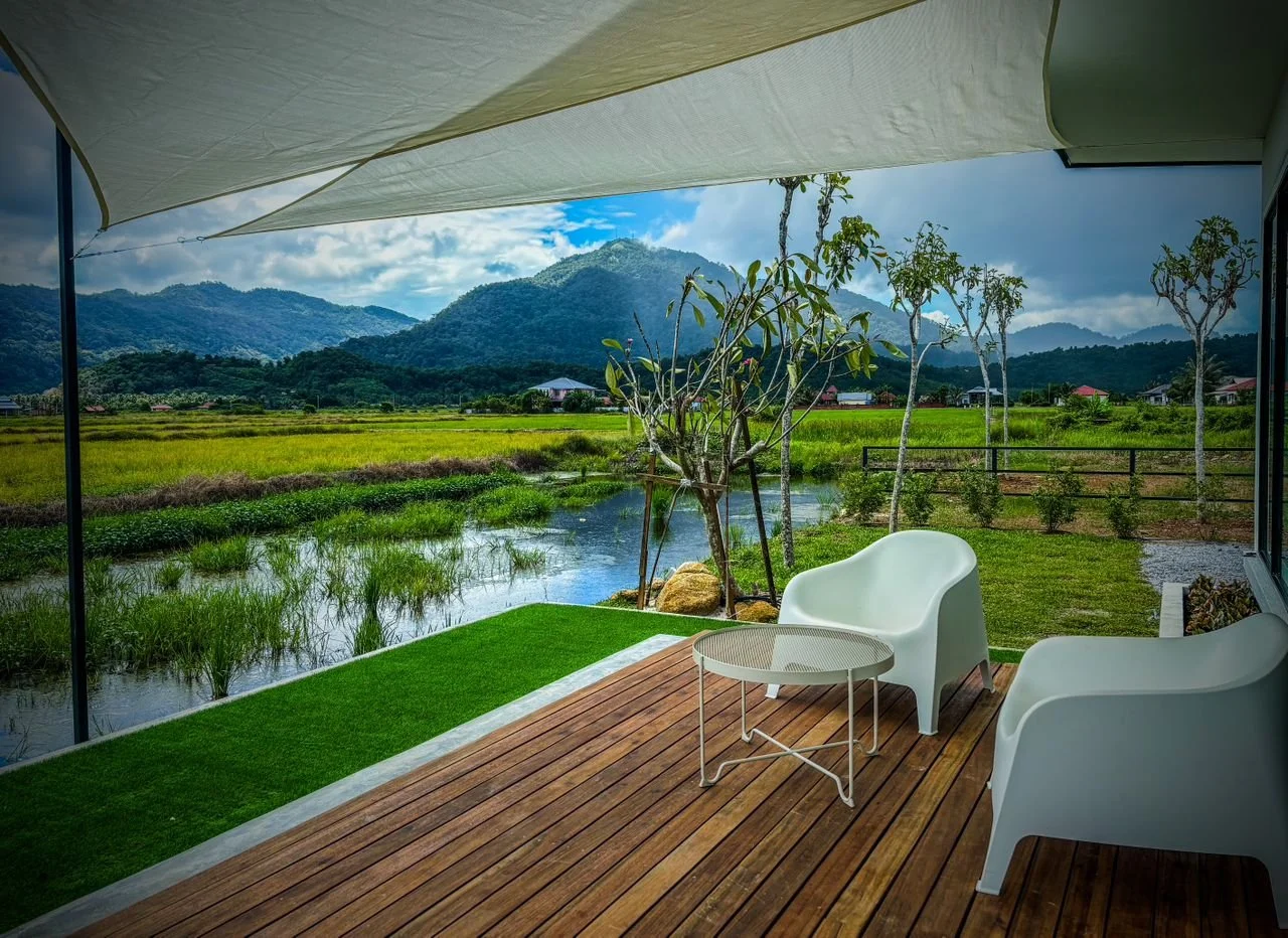 Teak deck overlooking the wetlands — morning mist, mountain backdrop and the sound of nothing at all