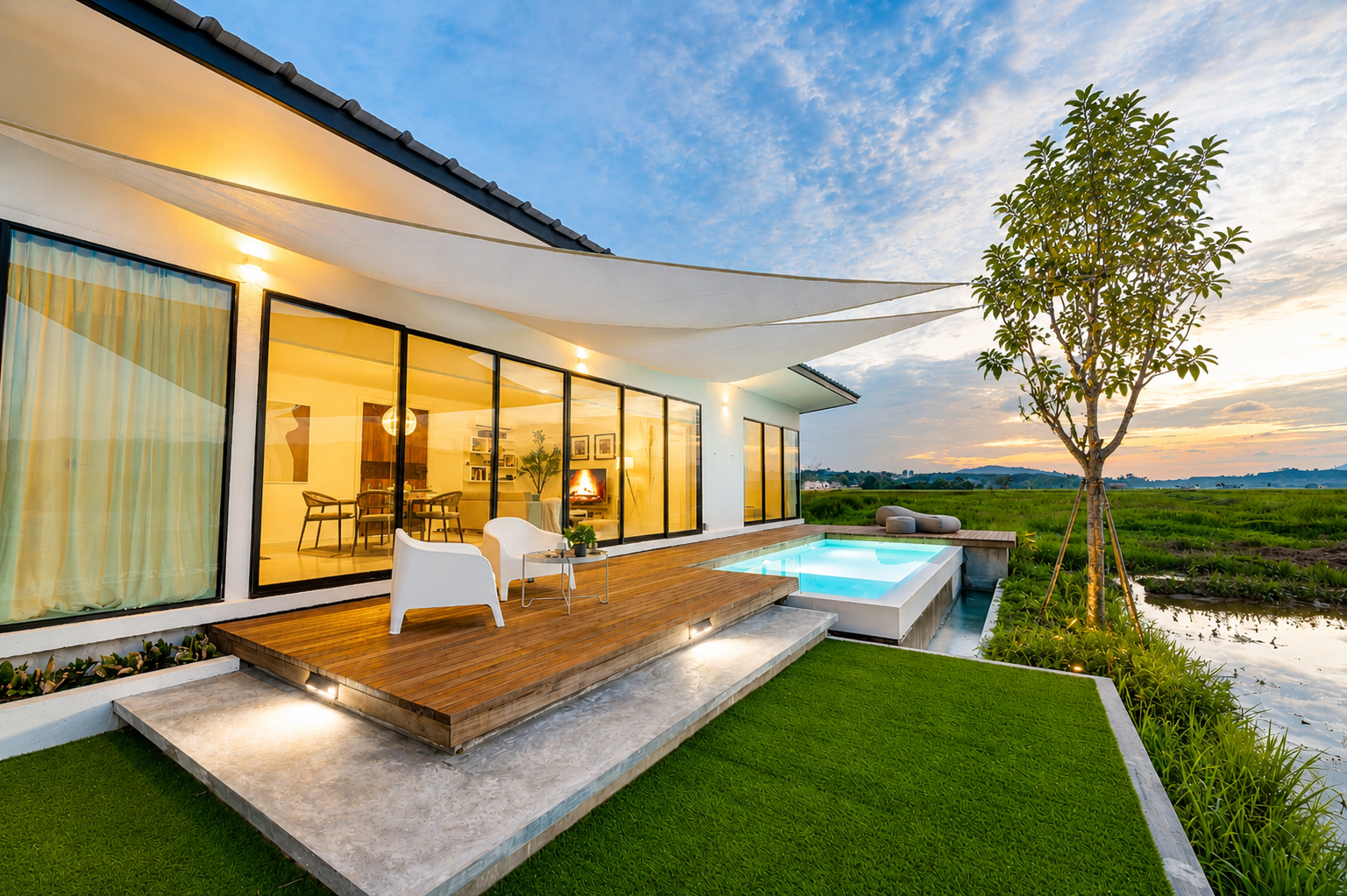 ULU Mahsuri Villa aerial view at sunset with sail shade, infinity pool, teak deck and rice field views, Langkawi