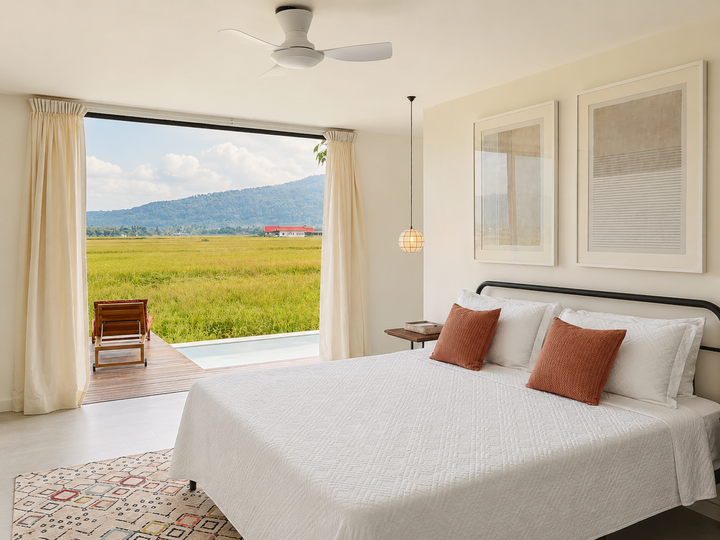 Master bedroom — wake up to rice fields and mountain silhouettes