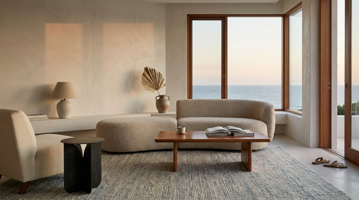 Living room with a large window overlooking the ocean, beige sofa, armchair, wooden coffee table with a mug and open book, area rug, and minimal decor.