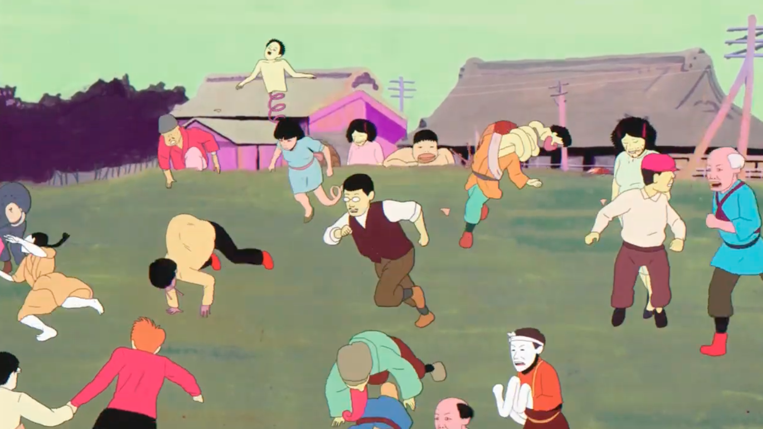 Une scène d'animation japonaise illustrant un chaos avec des personnages divers qui courent, tombent, ou semblent paniqués dans un environnement rural avec des maisons en arrière-plan.