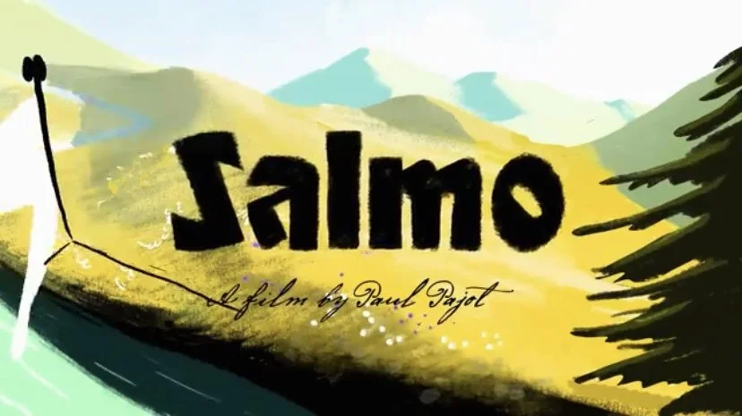 Affiche promotionnelle pour le film 'Salmo' de Paul Pajot, avec un paysage de montagnes et un lac.