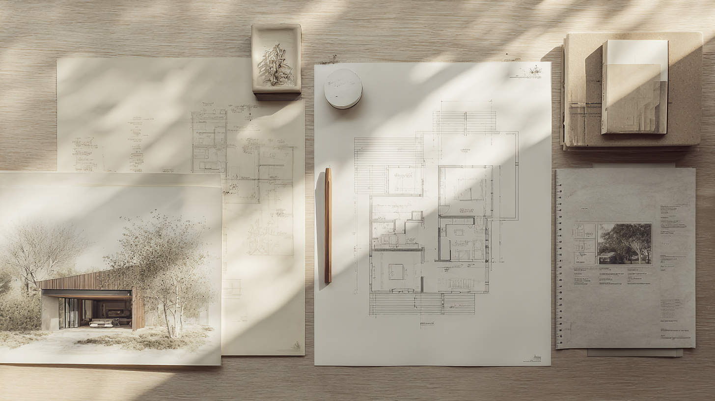 Architectural plans and drawings on a wooden desk with design tools and printed images of a house.